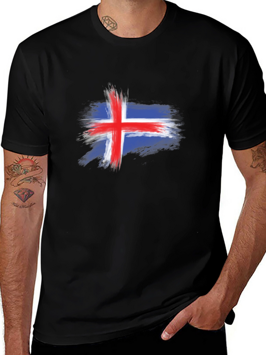 Iceland Flag Brush Stroke Mens Black T-Shirt