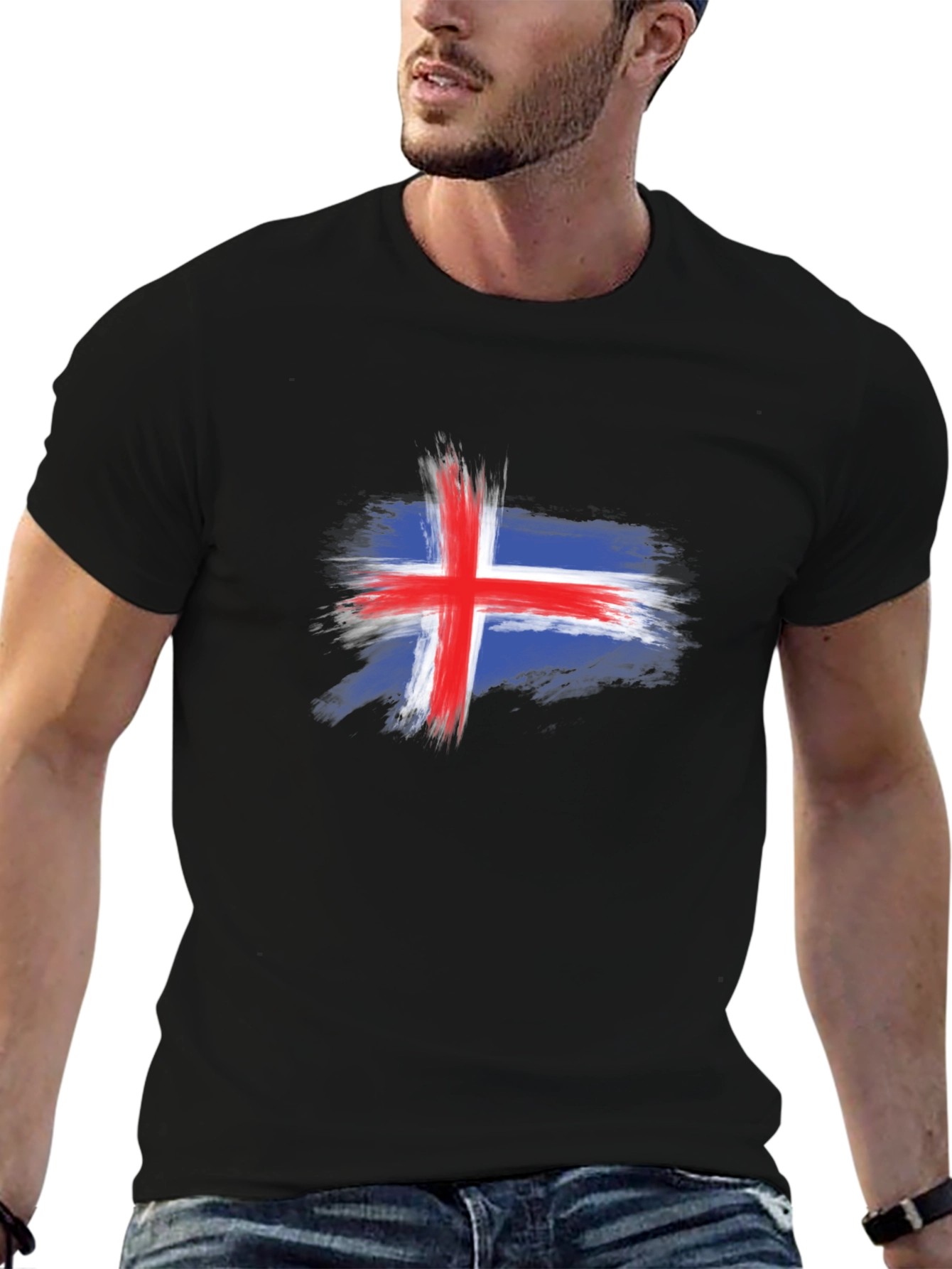 Iceland Flag Brush Stroke Mens Black T-Shirt