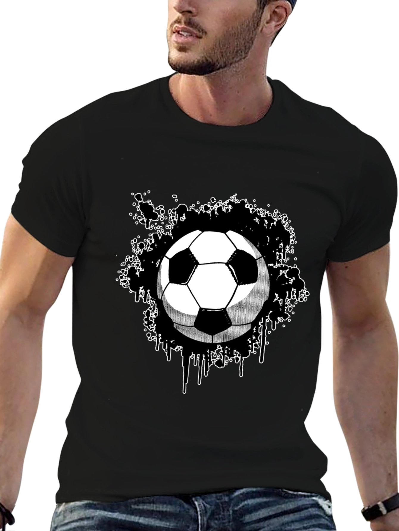 Soccer Ball Graphic Tee - Black Cotton T-Shirt