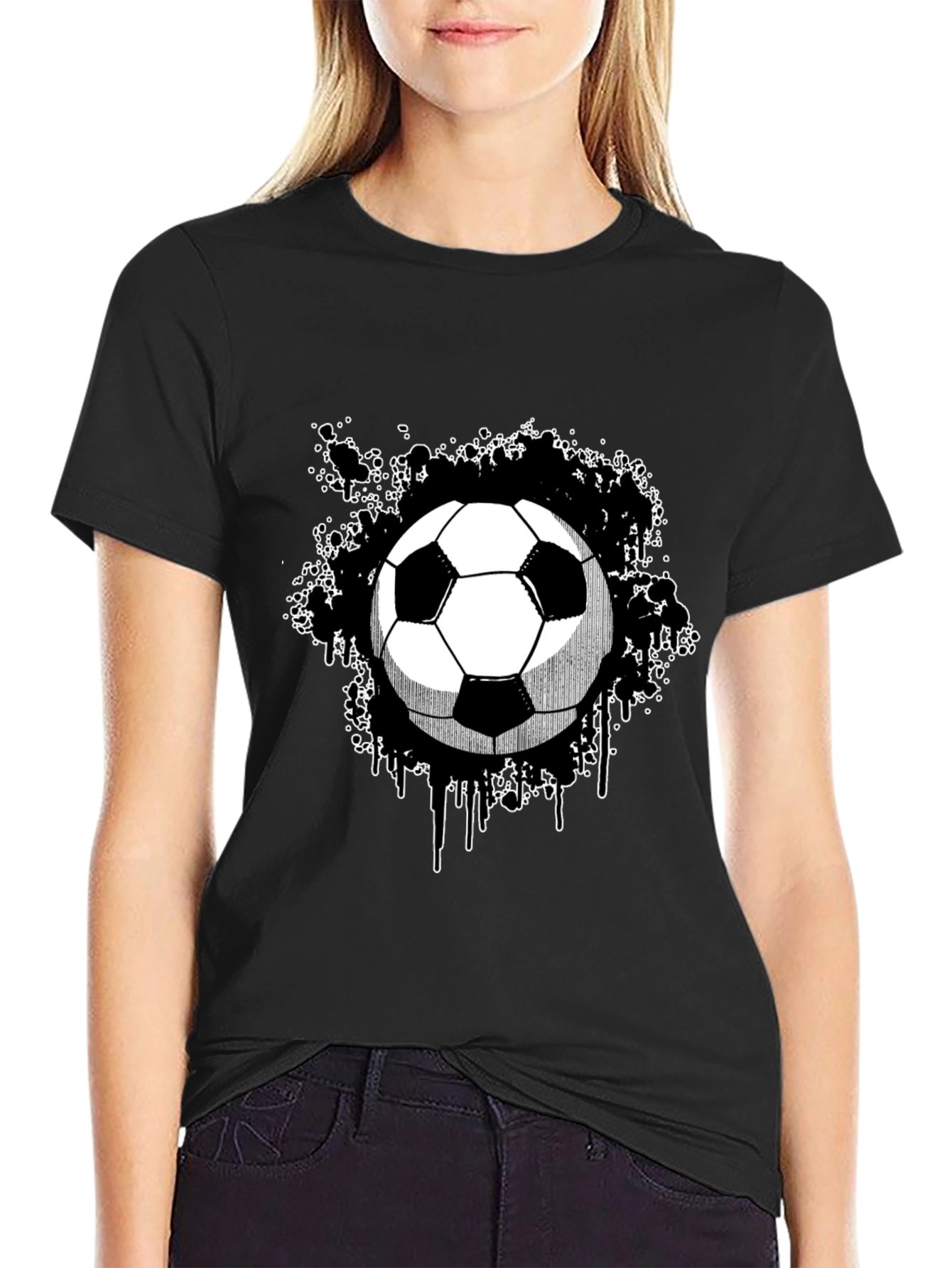 Soccer Ball Graphic Tee - Black Cotton T-Shirt