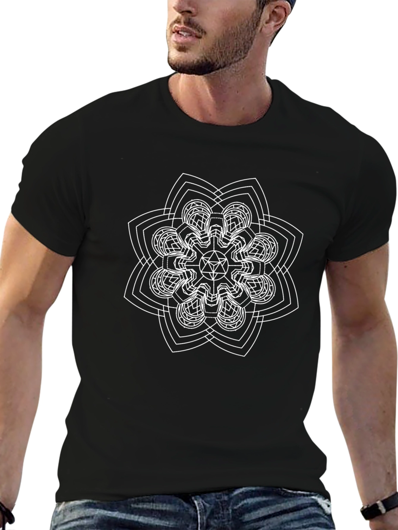 Geometric Mandala Graphic T-Shirt - Black