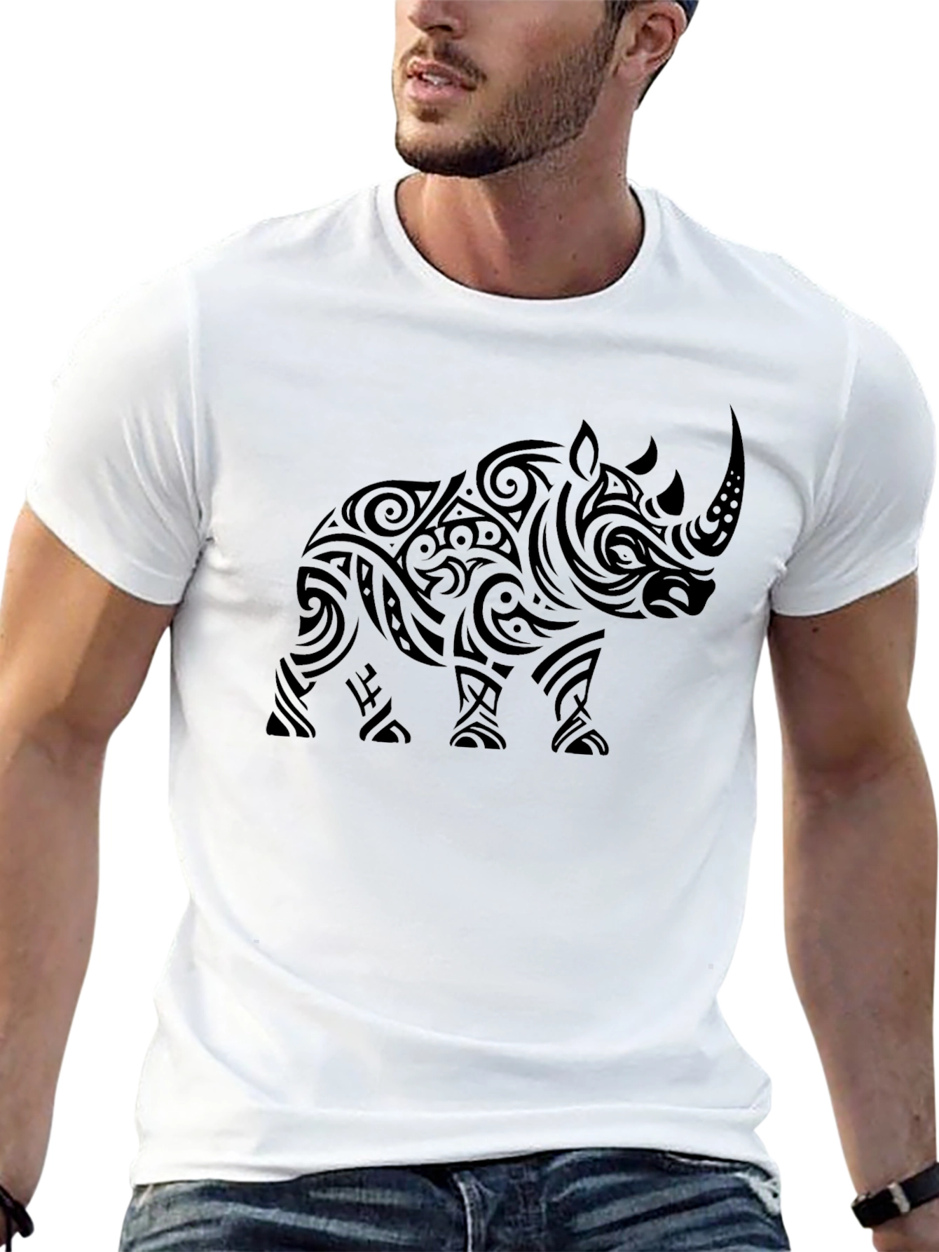 Tribal Rhino Graphic Print Mens Black T-Shirt