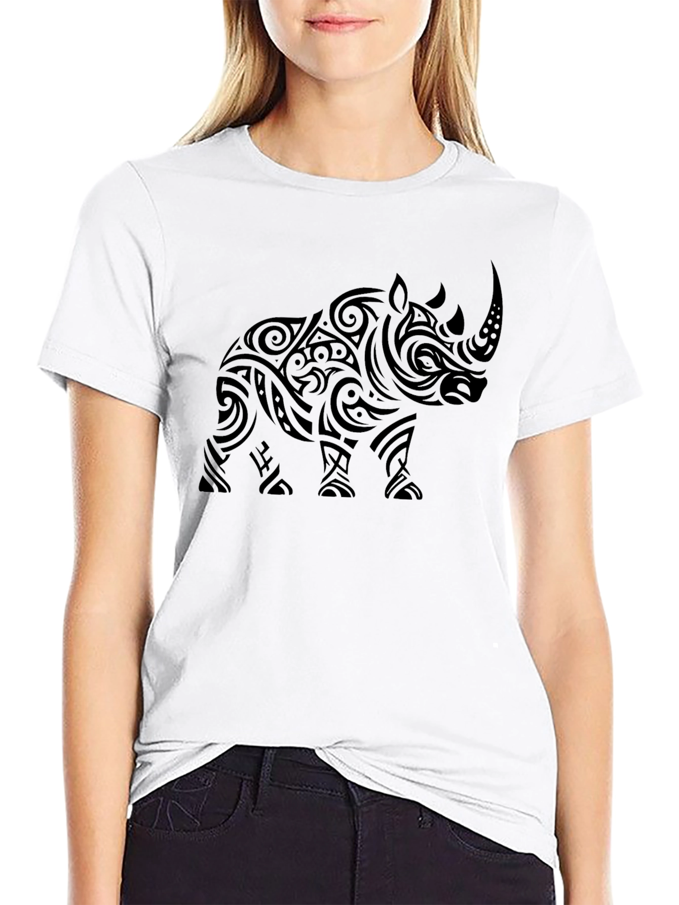 Tribal Rhino Graphic Print Mens Black T-Shirt