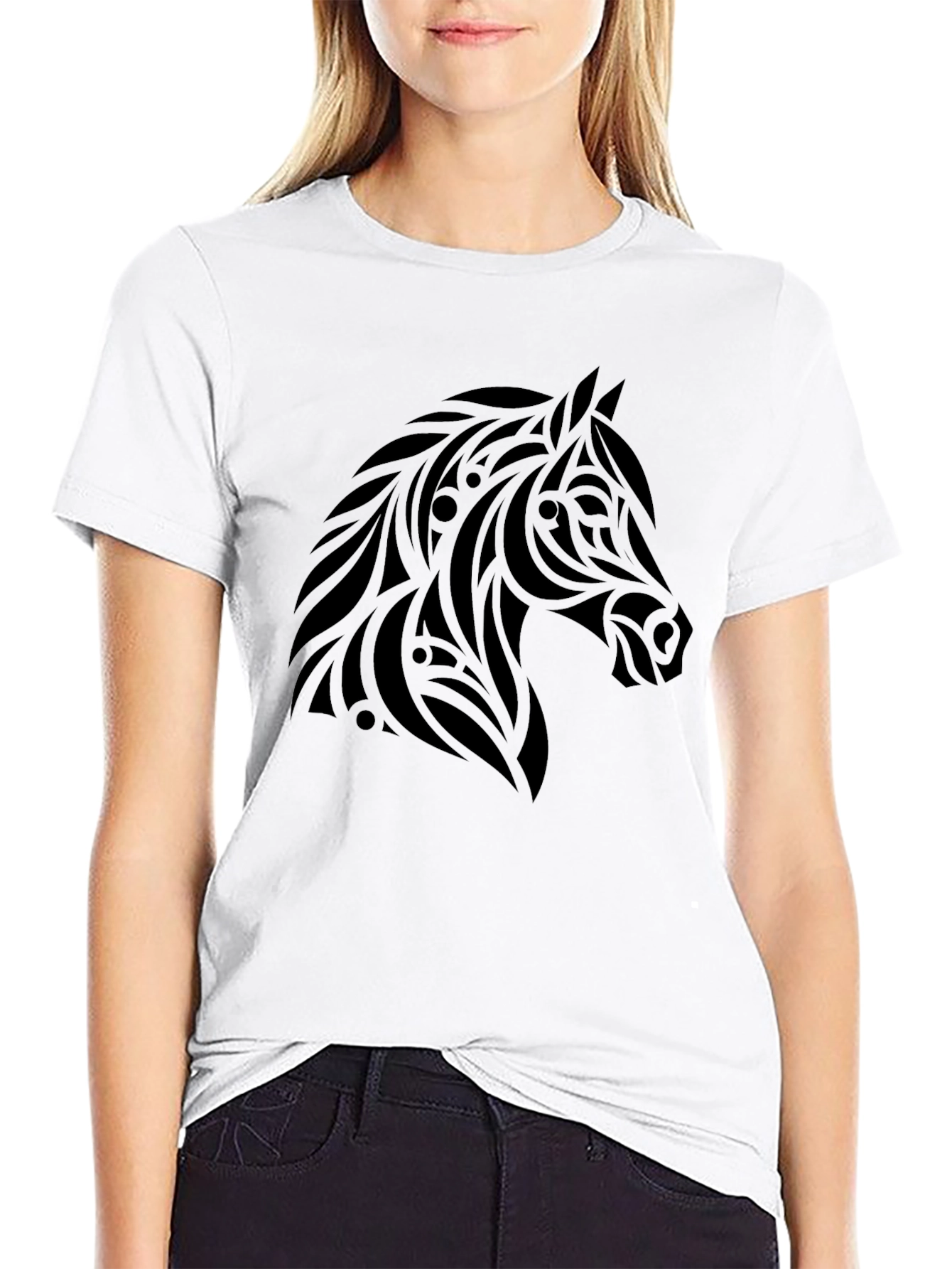 Tribal Horse Graphic Tee - Black Cotton Casual