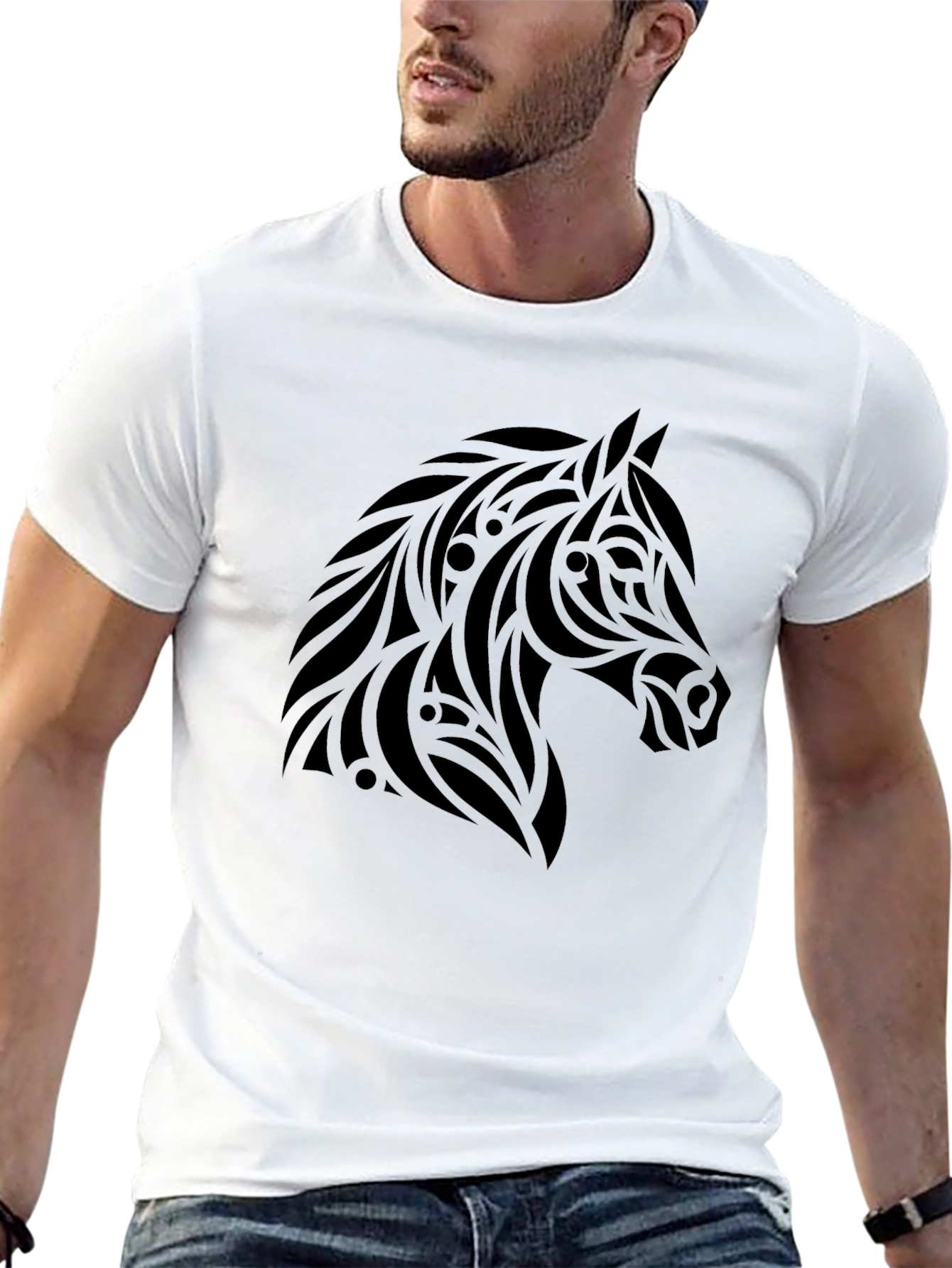 Tribal Horse Graphic Tee - Black Cotton Casual