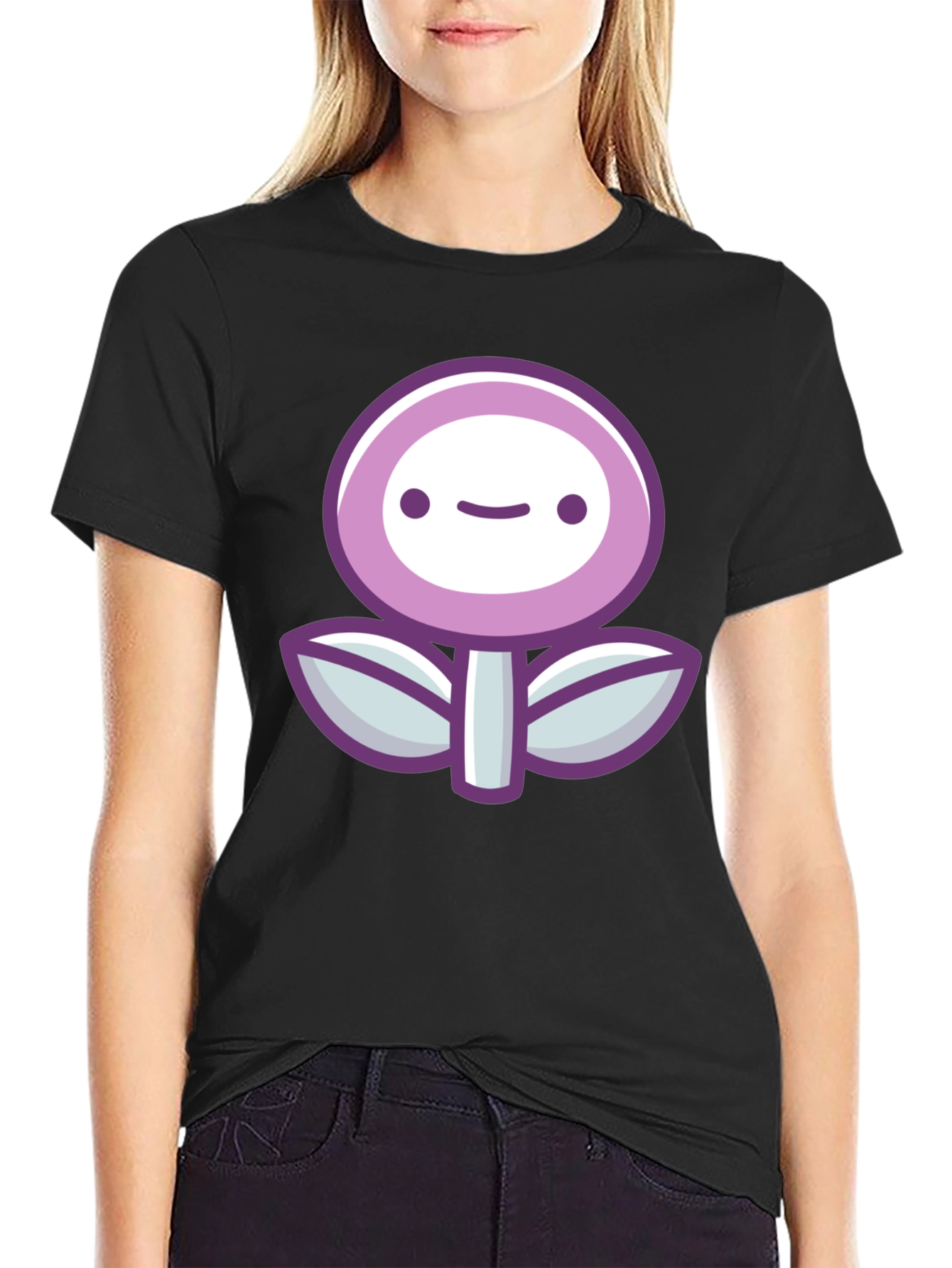 Cute Flower Graphic Print Black T-Shirt