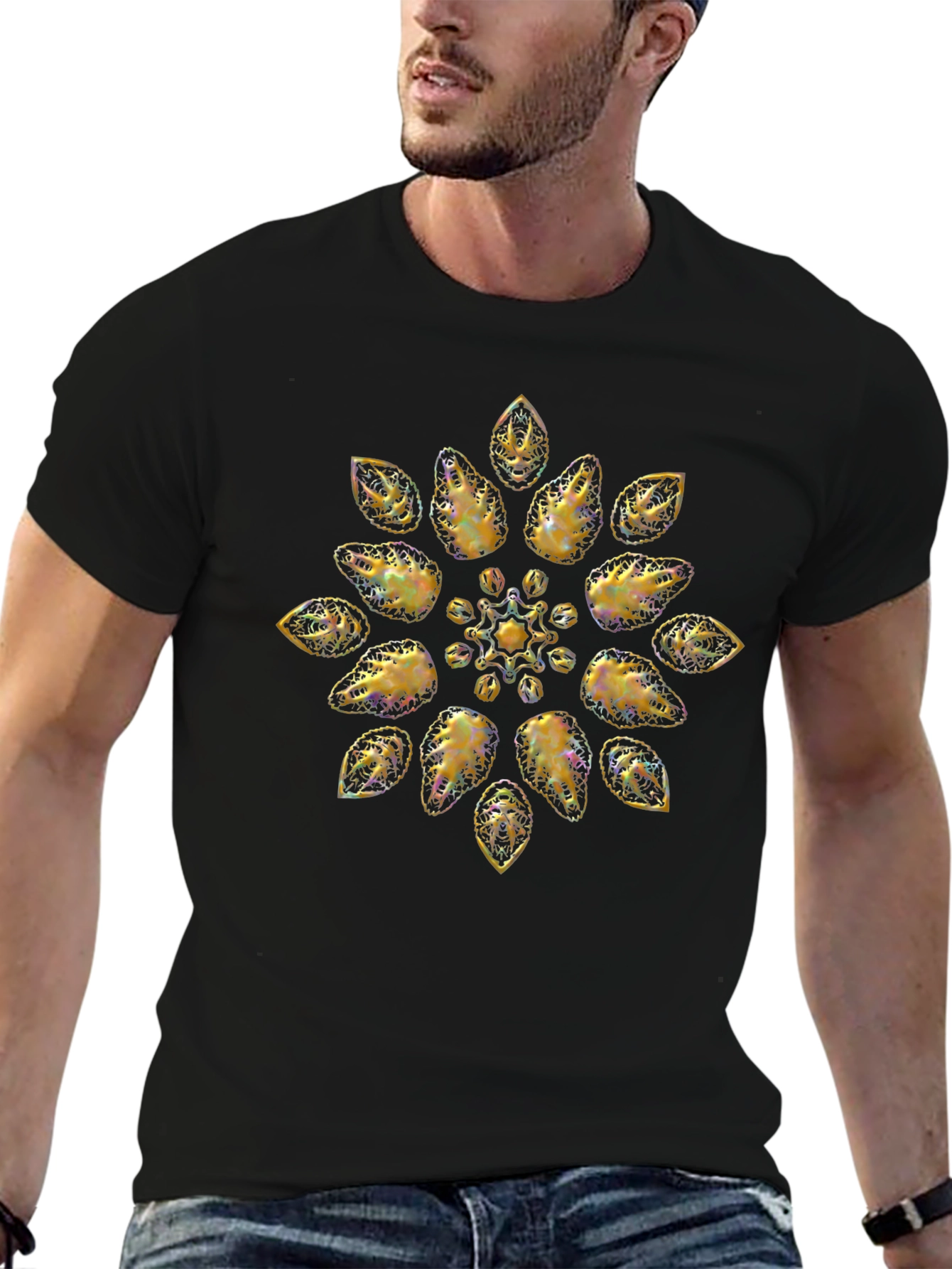 Golden Floral Pattern Black T-Shirt