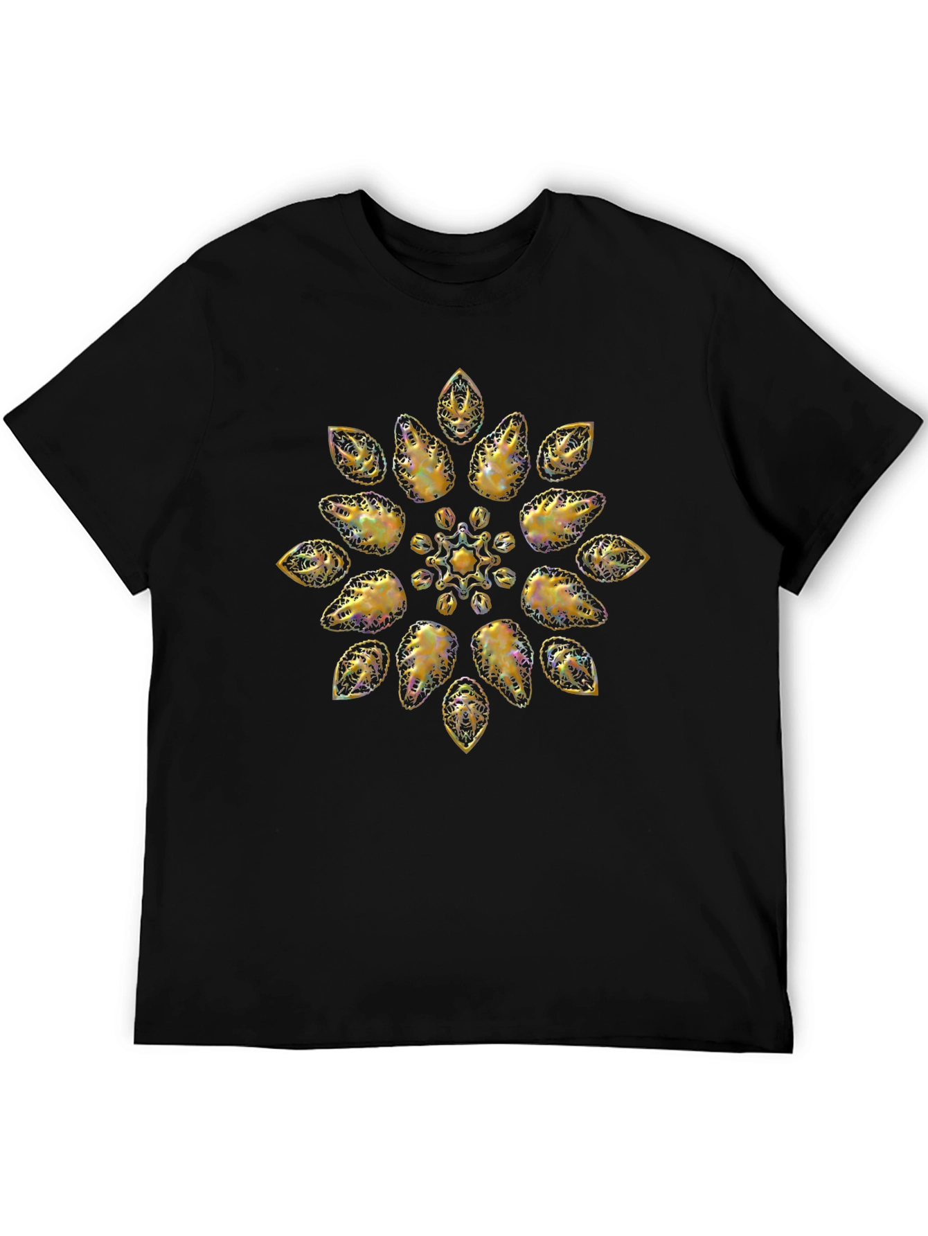 Golden Floral Pattern Black T-Shirt