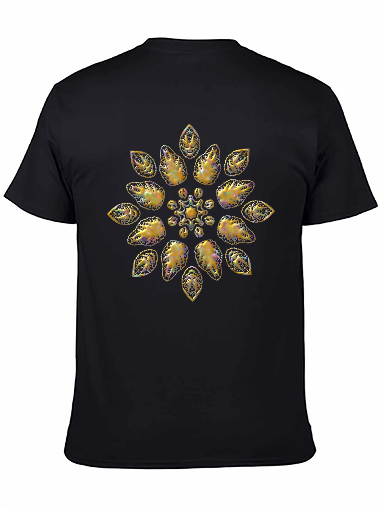 Golden Floral Pattern Black T-Shirt