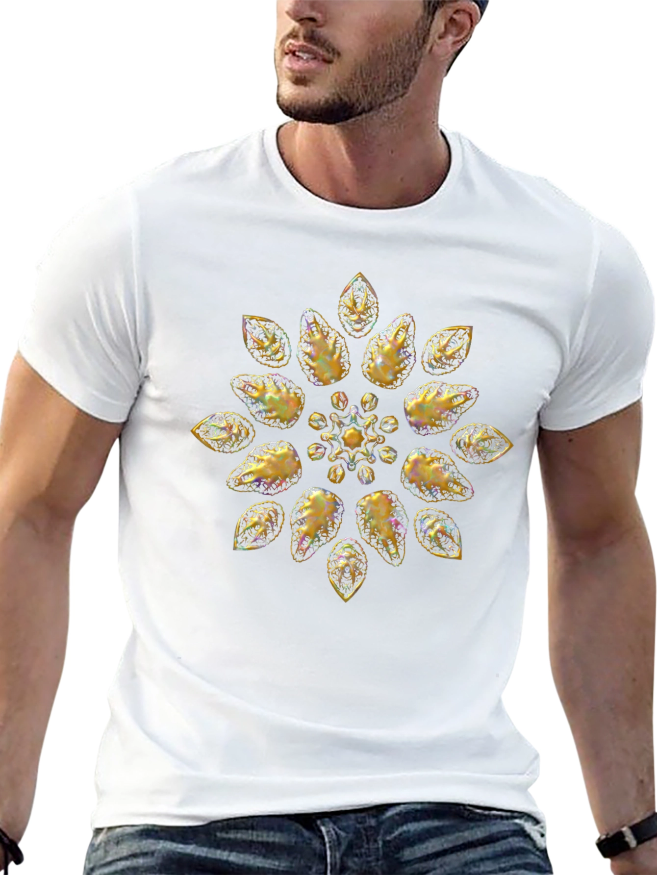 Golden Floral Pattern Black T-Shirt