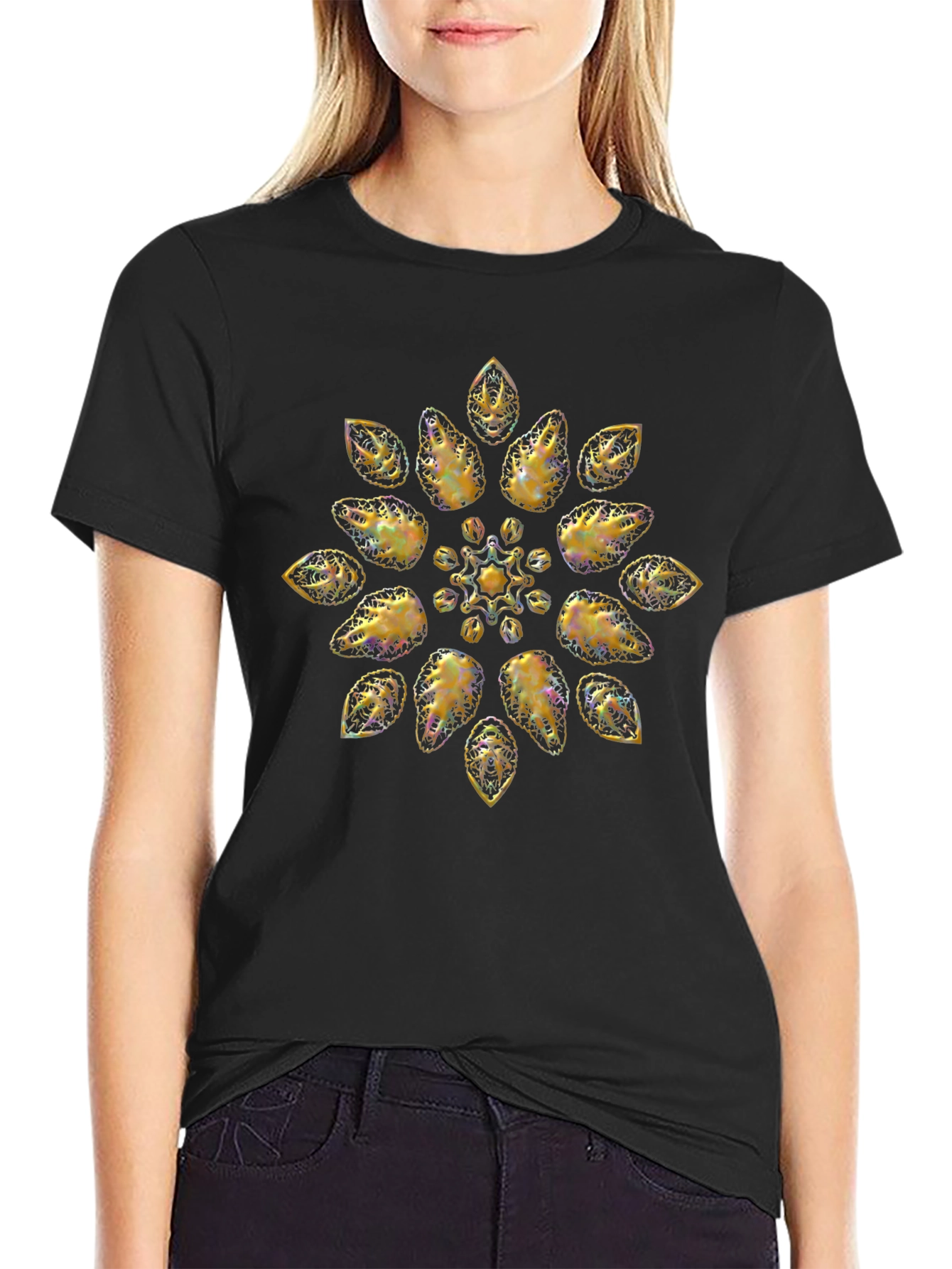 Golden Floral Pattern Black T-Shirt