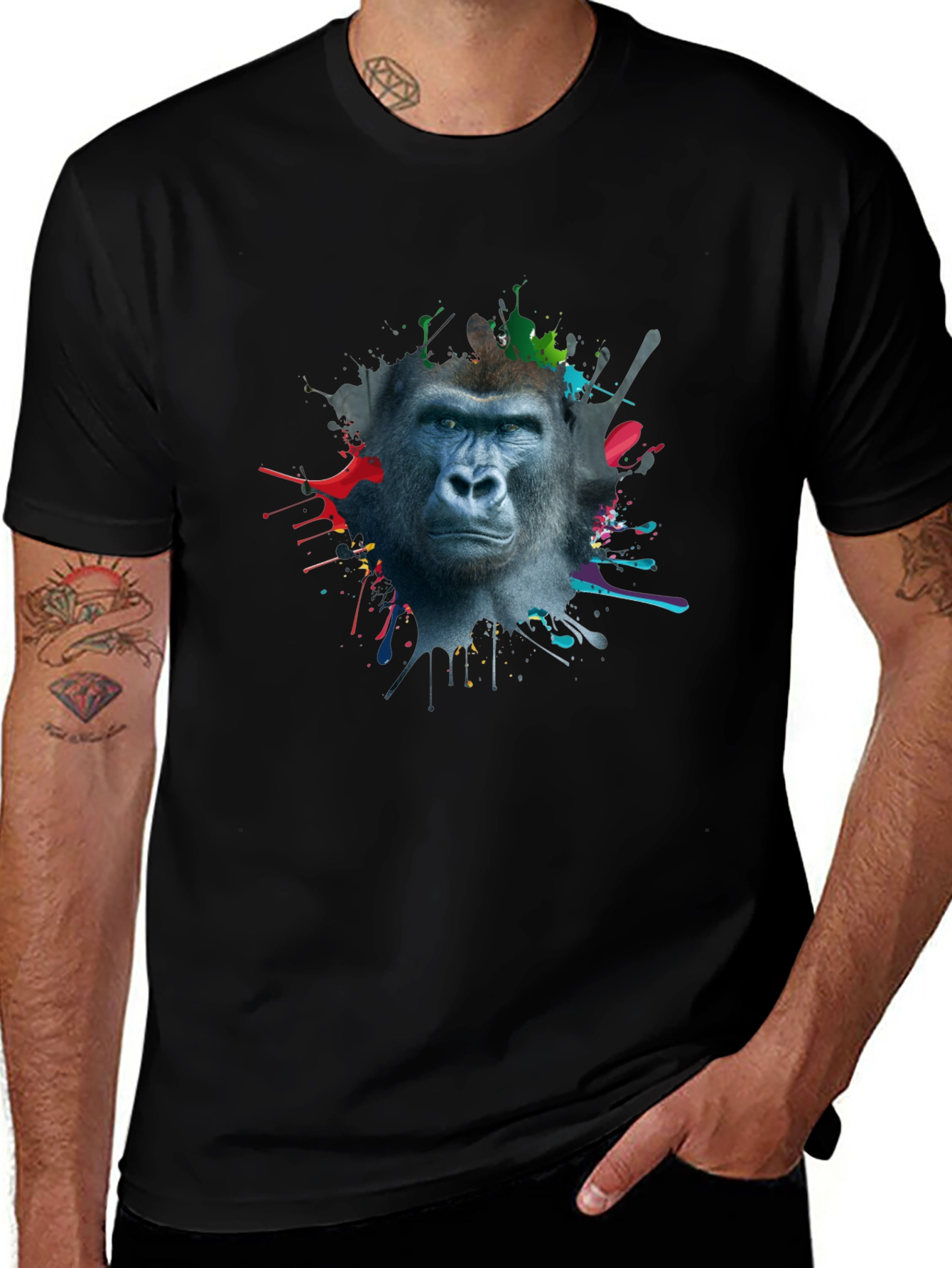 Gorilla Splatter Print Mens Black T-Shirt
