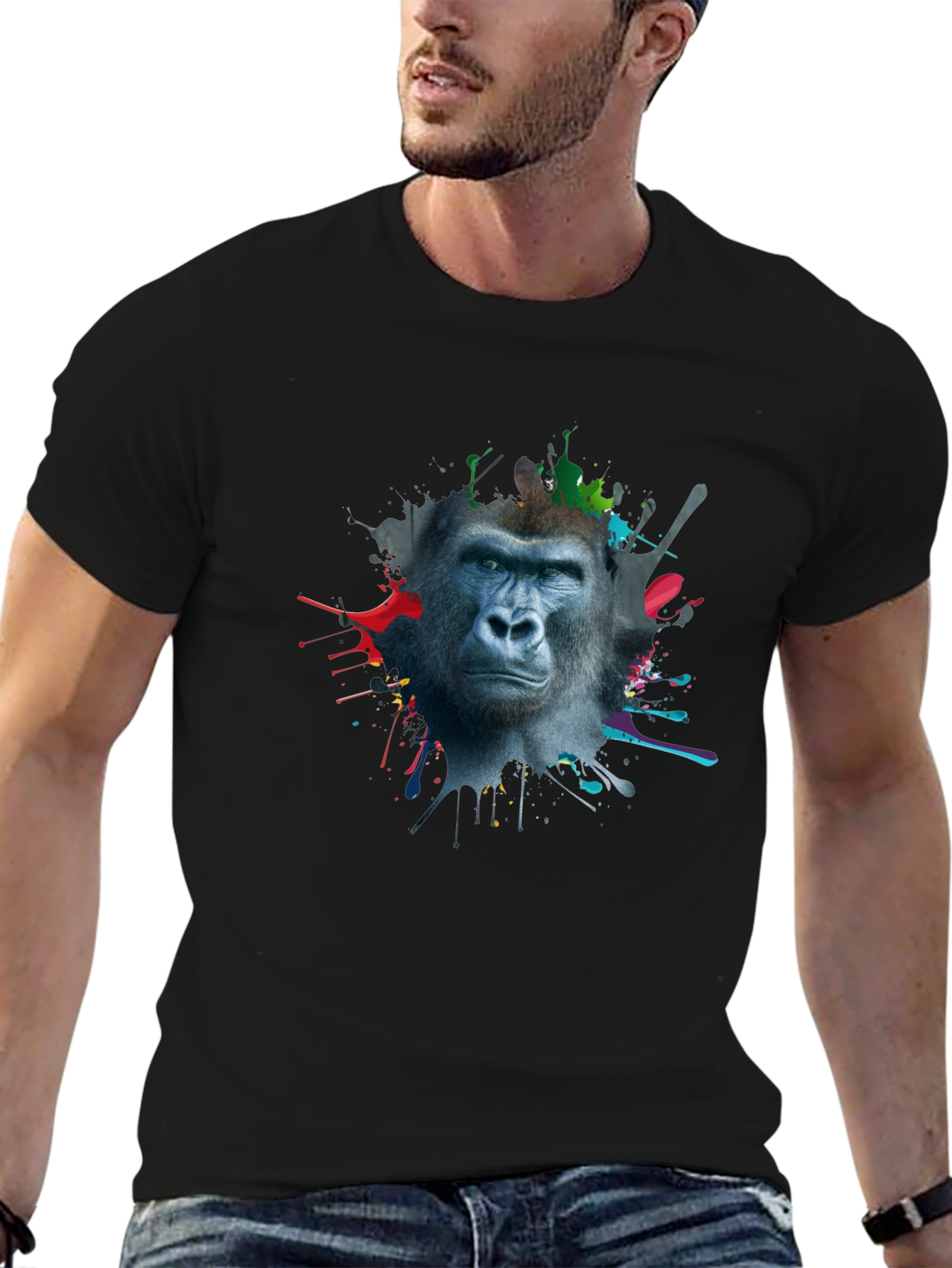 Gorilla Splatter Print Mens Black T-Shirt