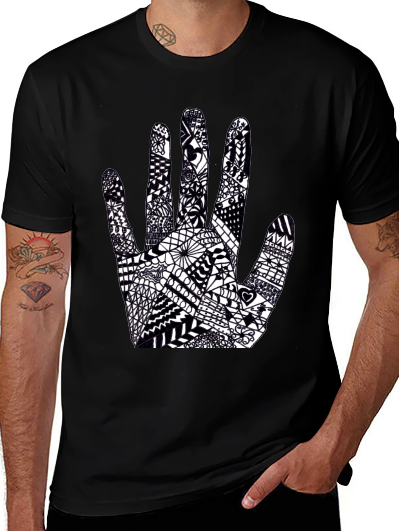 Black Tee with Hand Art Graphic