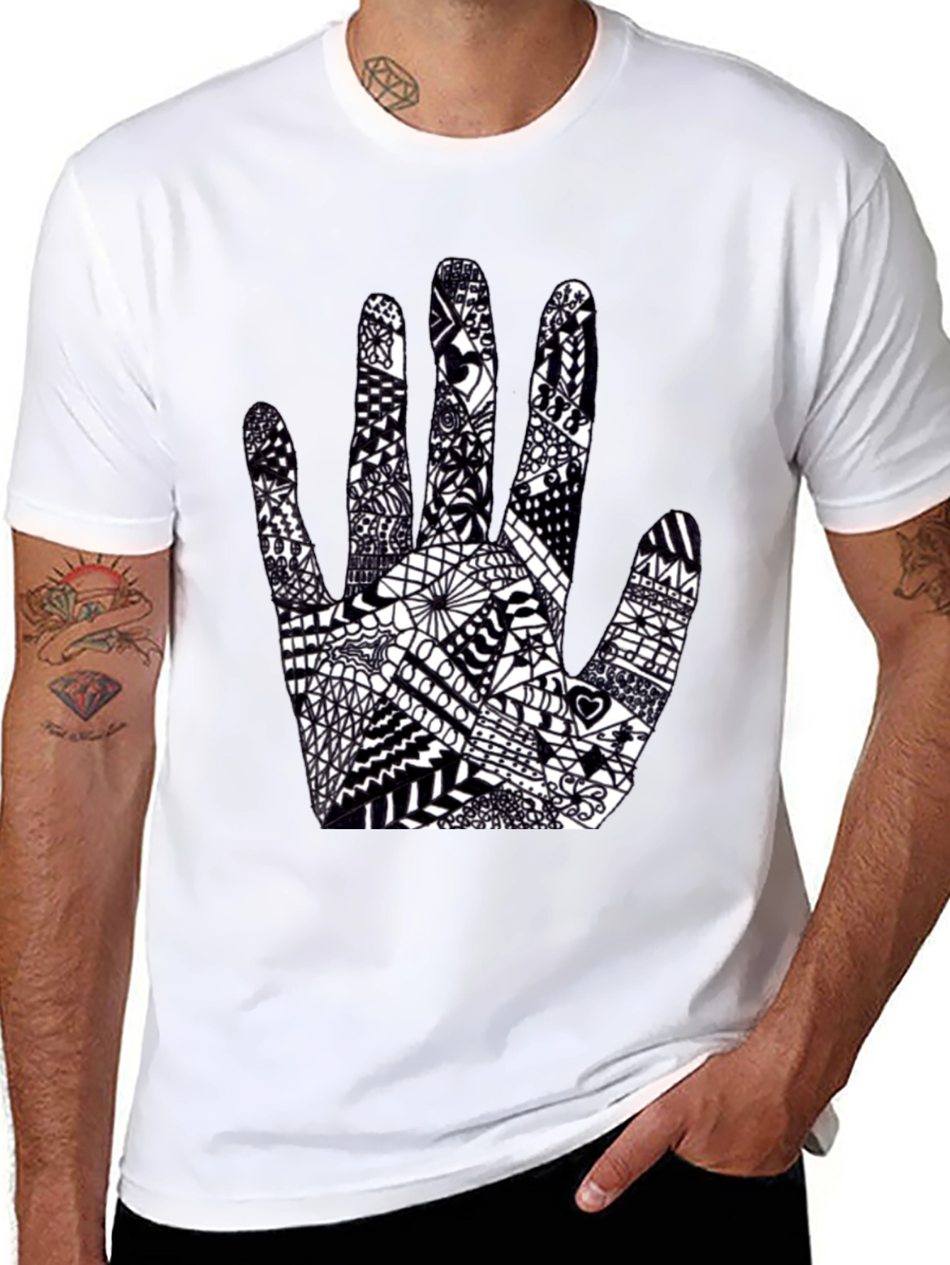 Black Tee with Hand Art Graphic