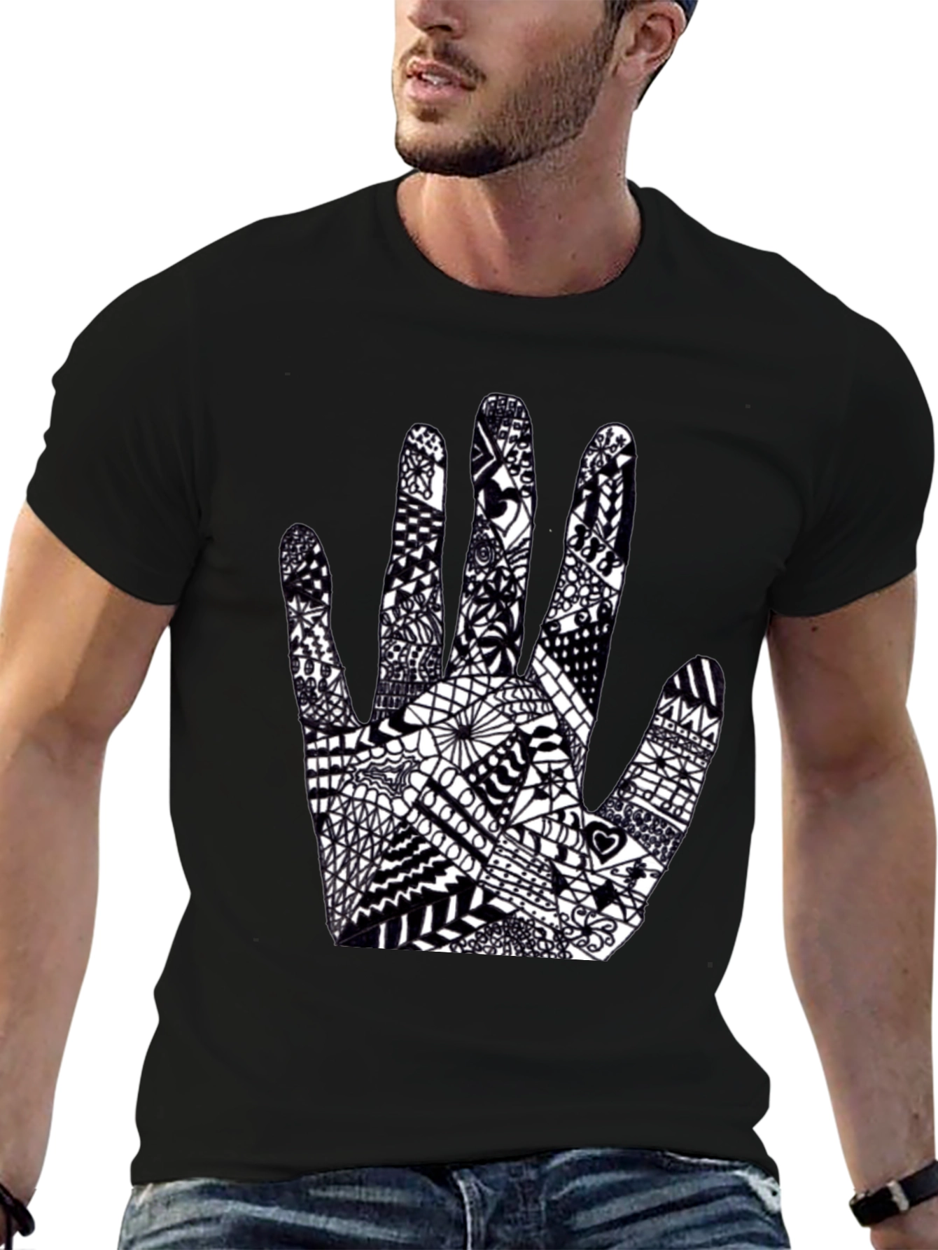 Black Tee with Hand Art Graphic