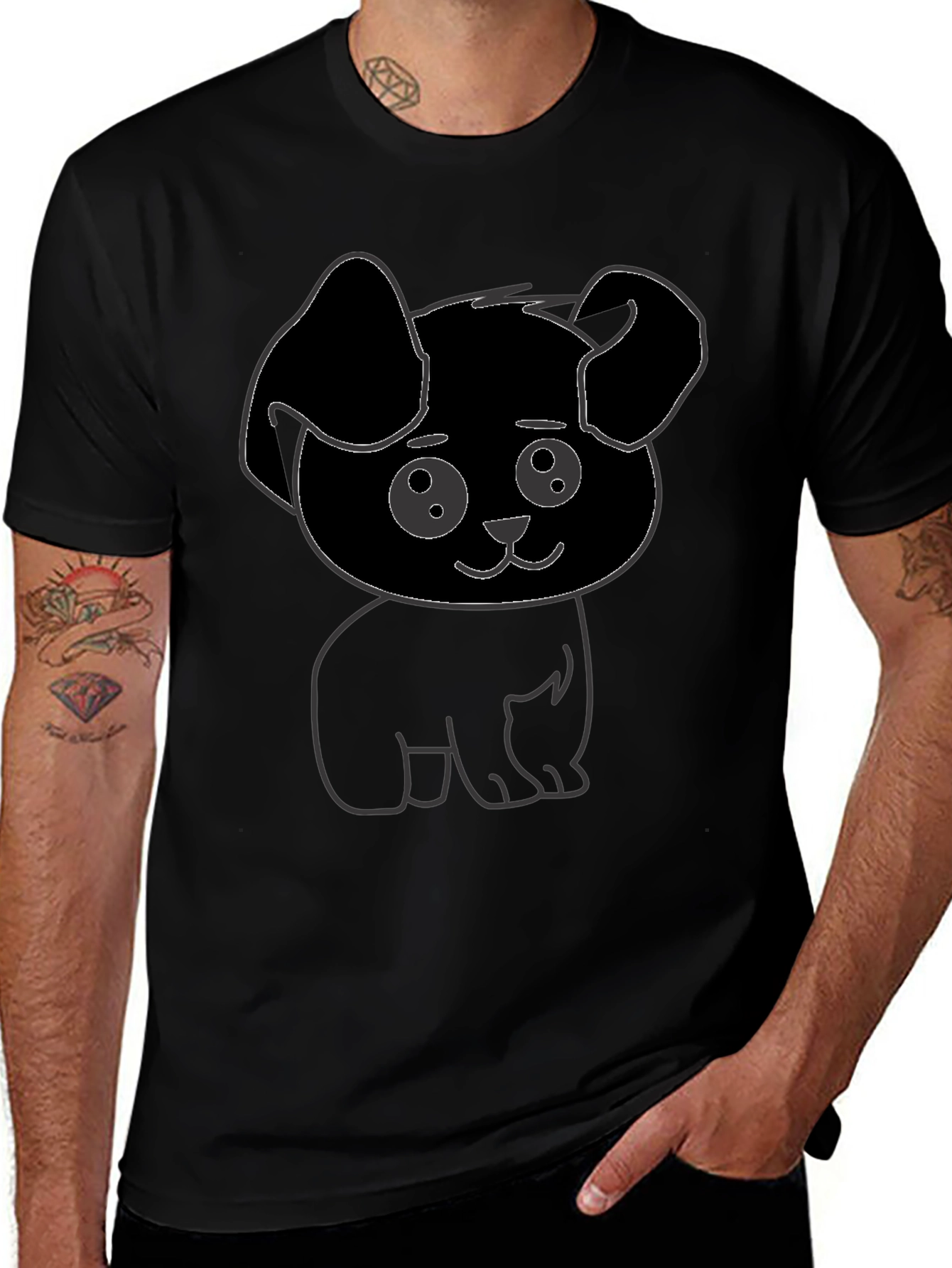 Cute Puppy Graphic Print Black T-Shirt