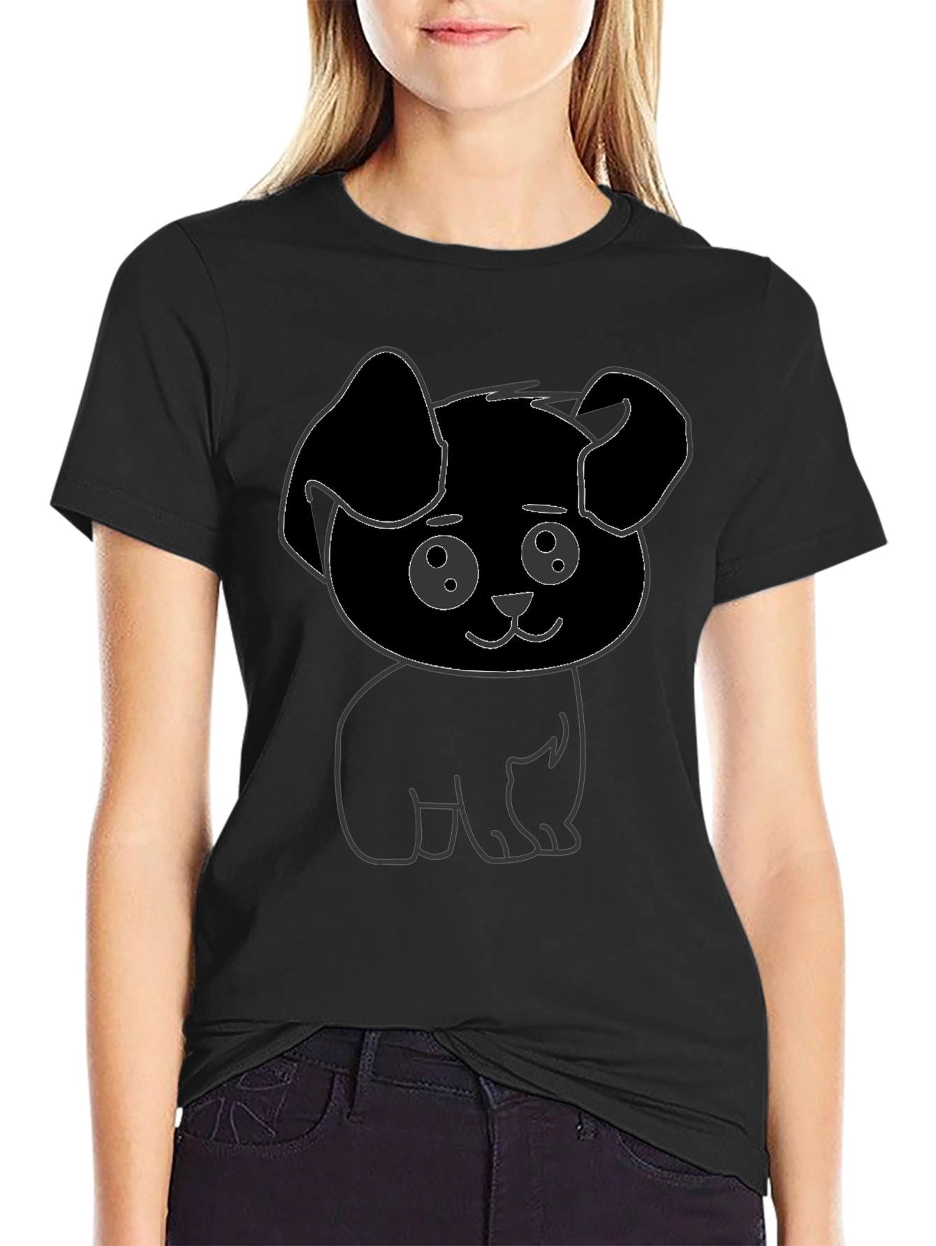 Cute Puppy Graphic Print Black T-Shirt