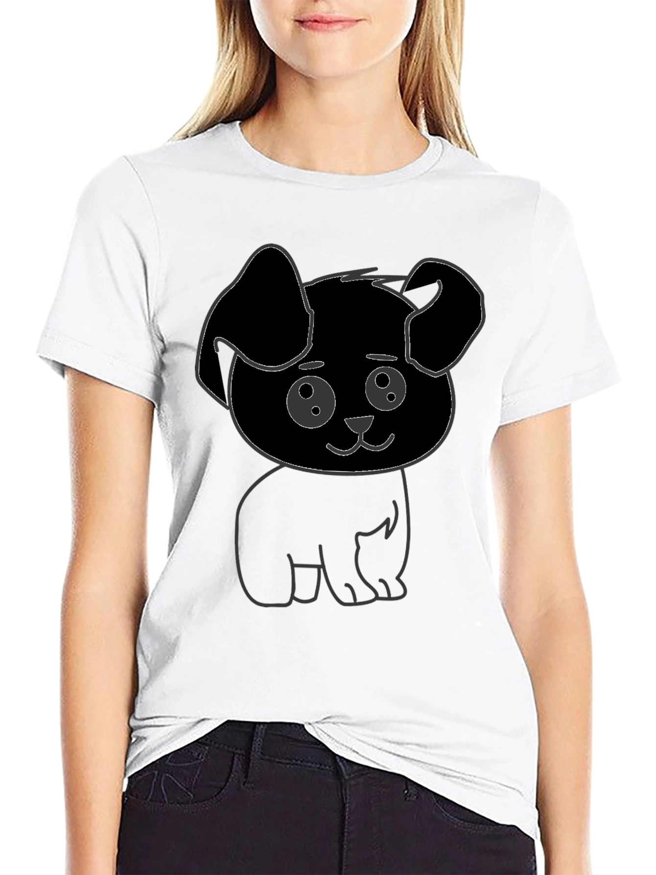 Cute Puppy Graphic Print Black T-Shirt