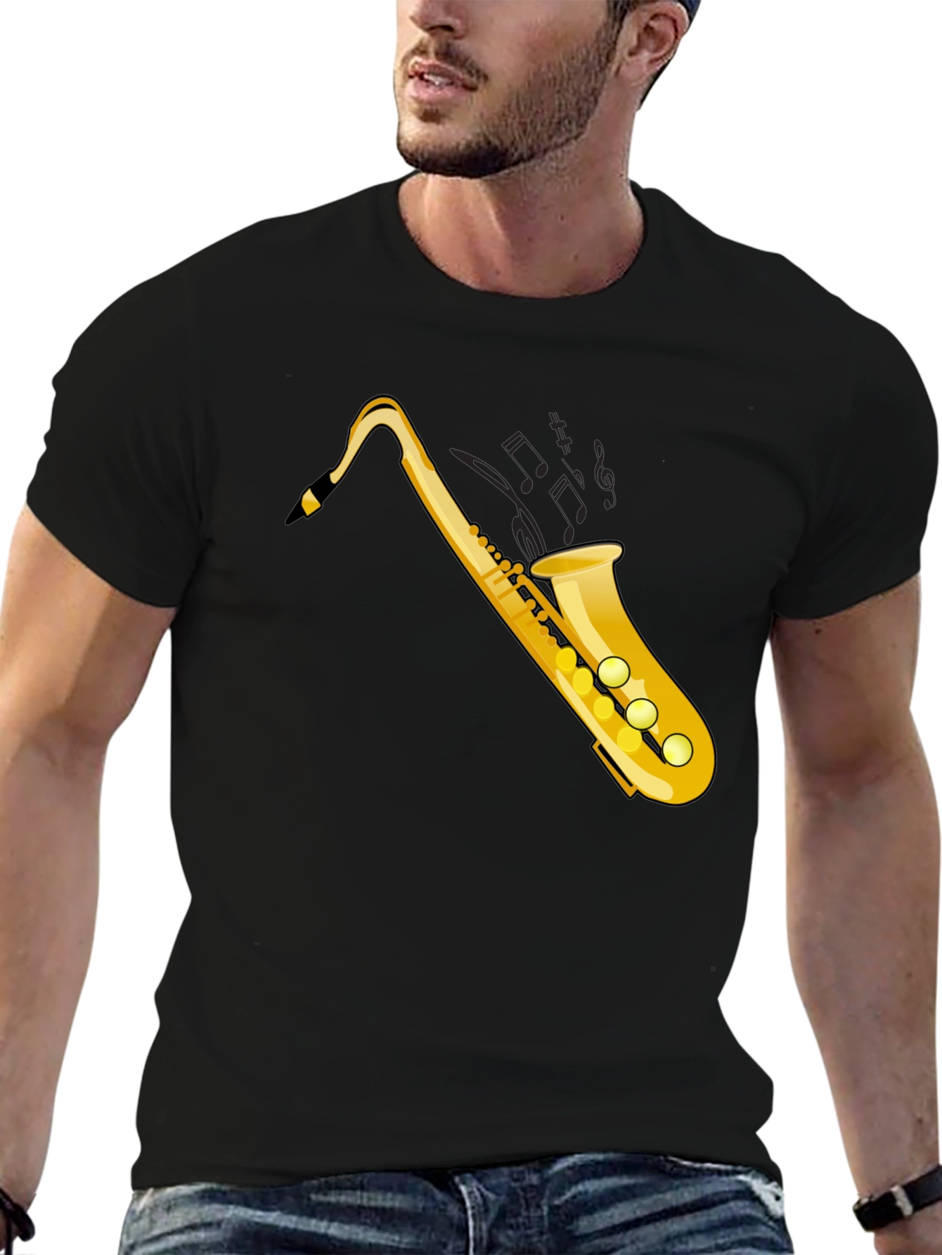 Saxophone Graphic Tee - Black Cotton T-Shirt