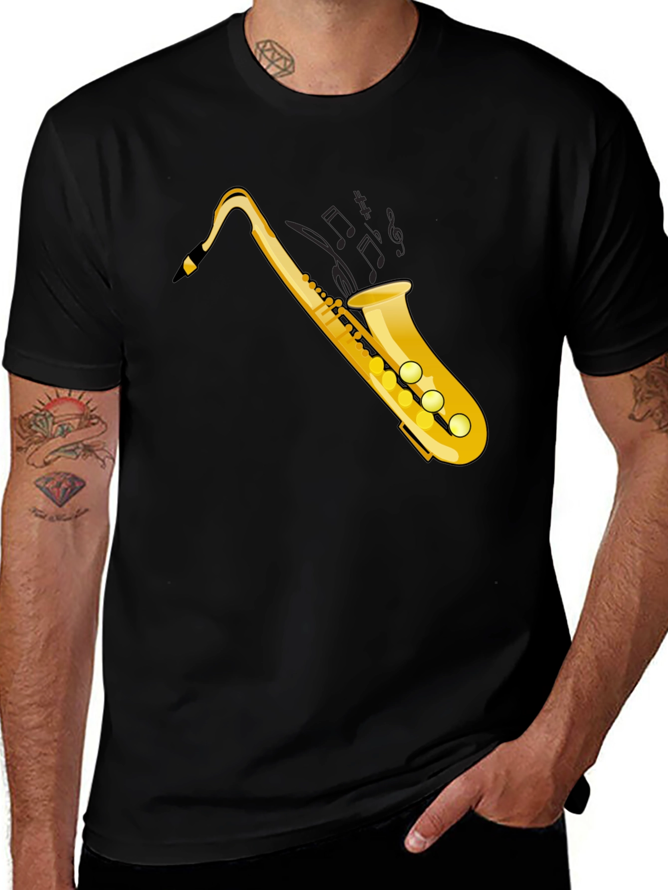 Saxophone Graphic Tee - Black Cotton T-Shirt