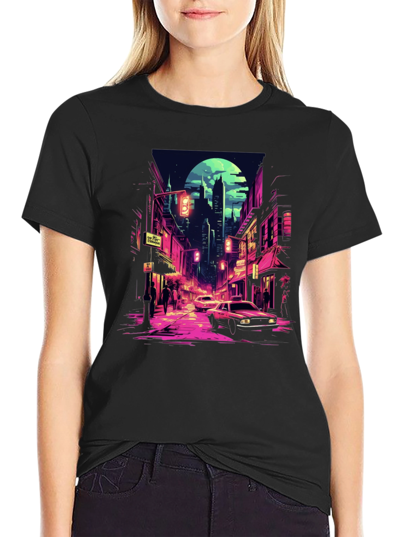 Retro Cityscape Tee - Black Cotton Blend
