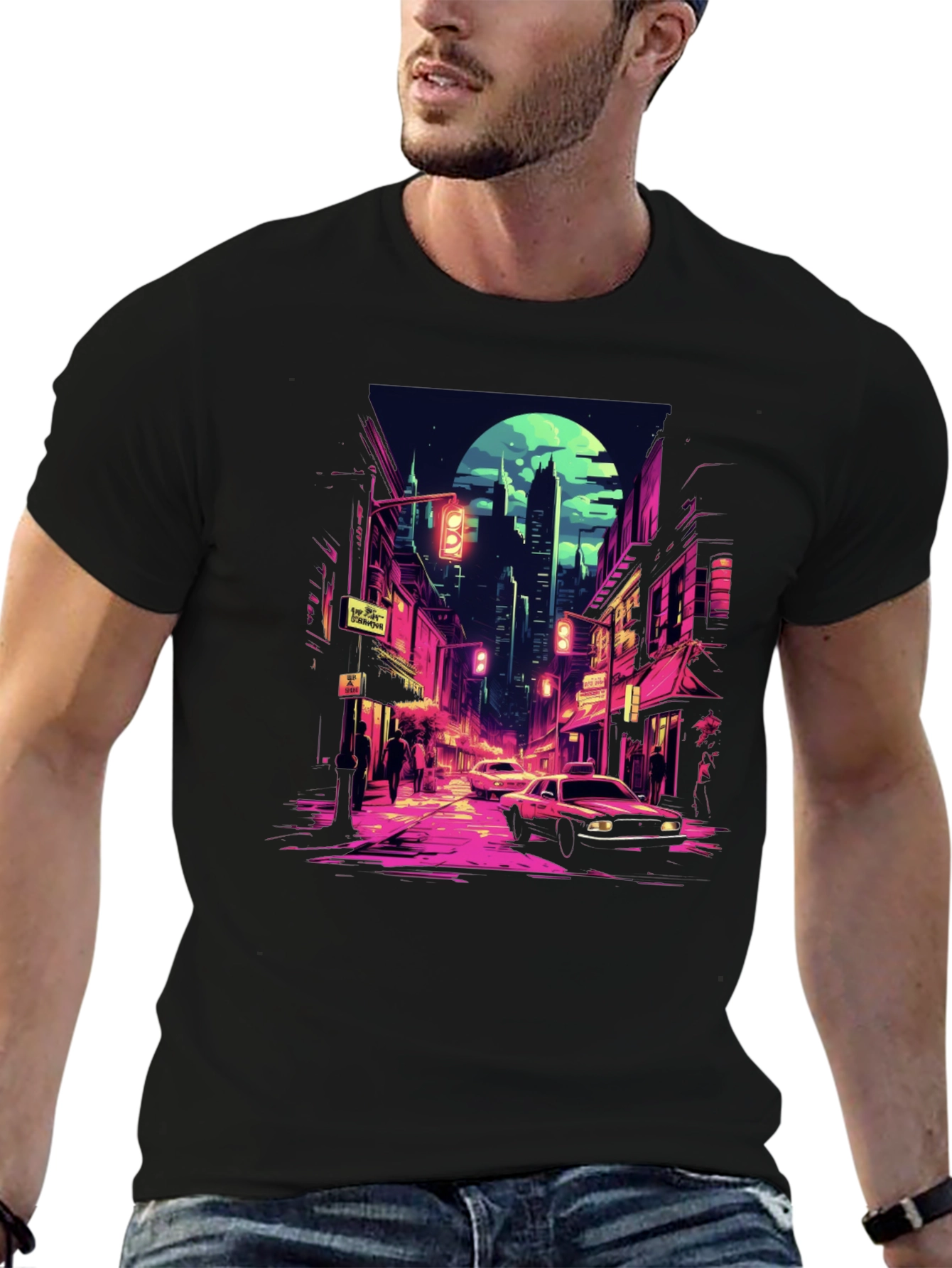Retro Cityscape Tee - Black Cotton Blend
