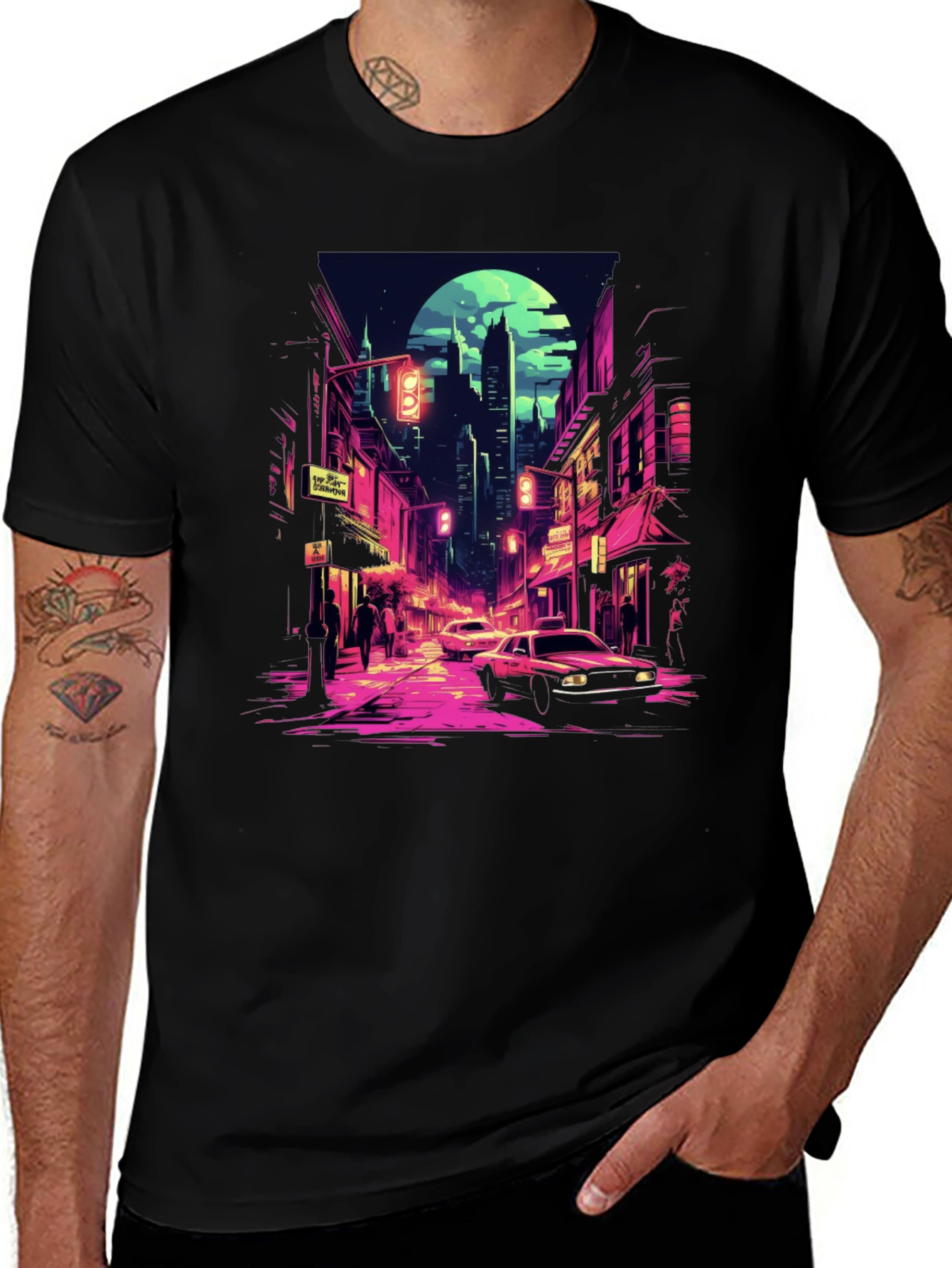 Retro Cityscape Tee - Black Cotton Blend