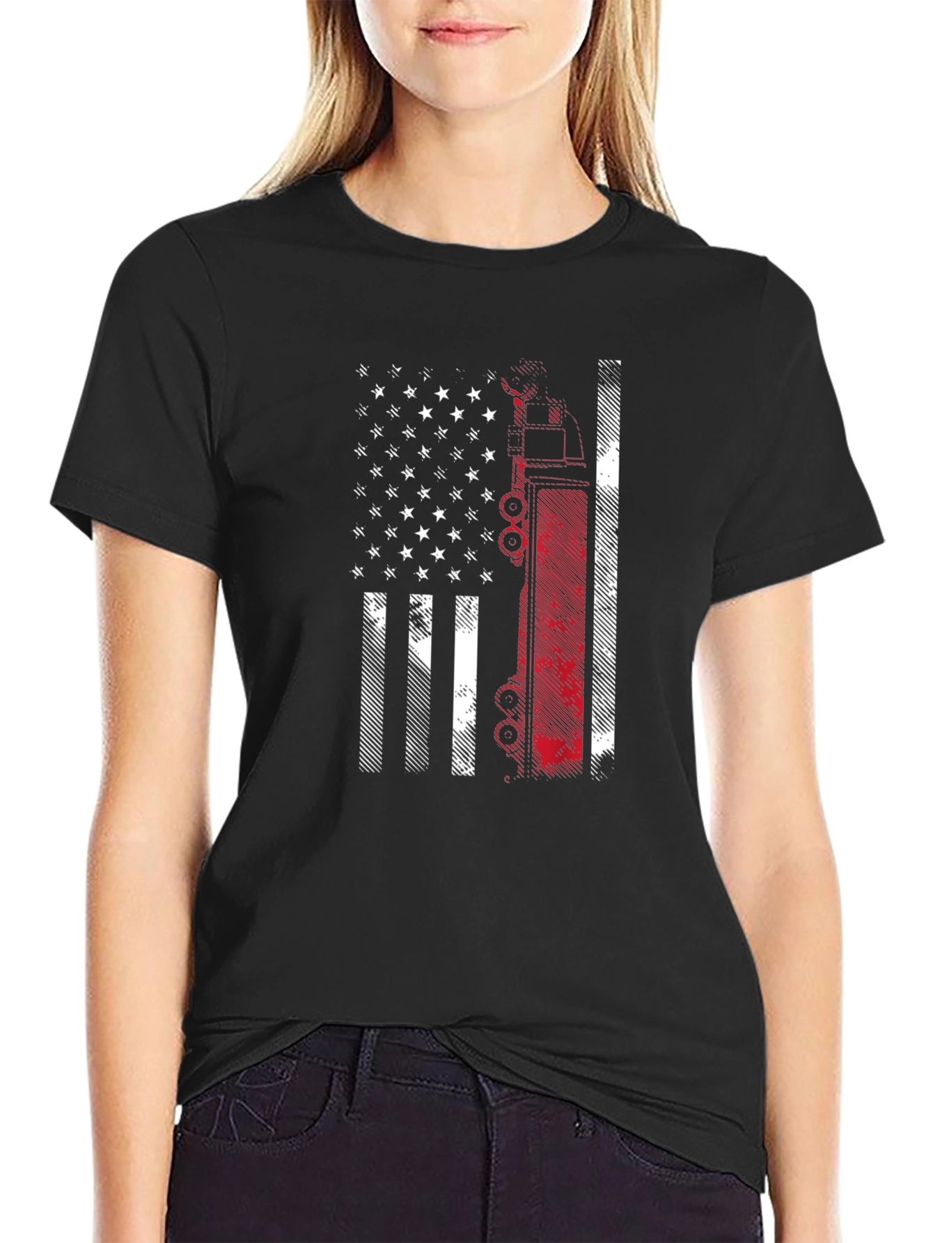 American Flag Fire Truck T-Shirt