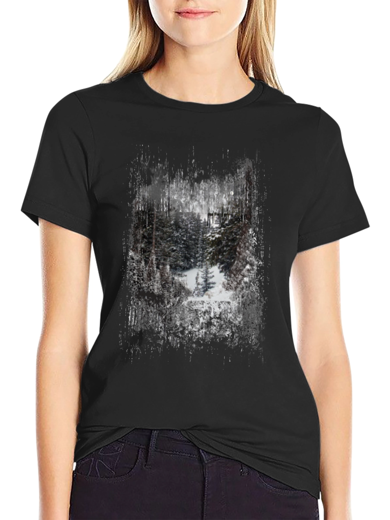 Winter Forest Graphic Print Black T-Shirt