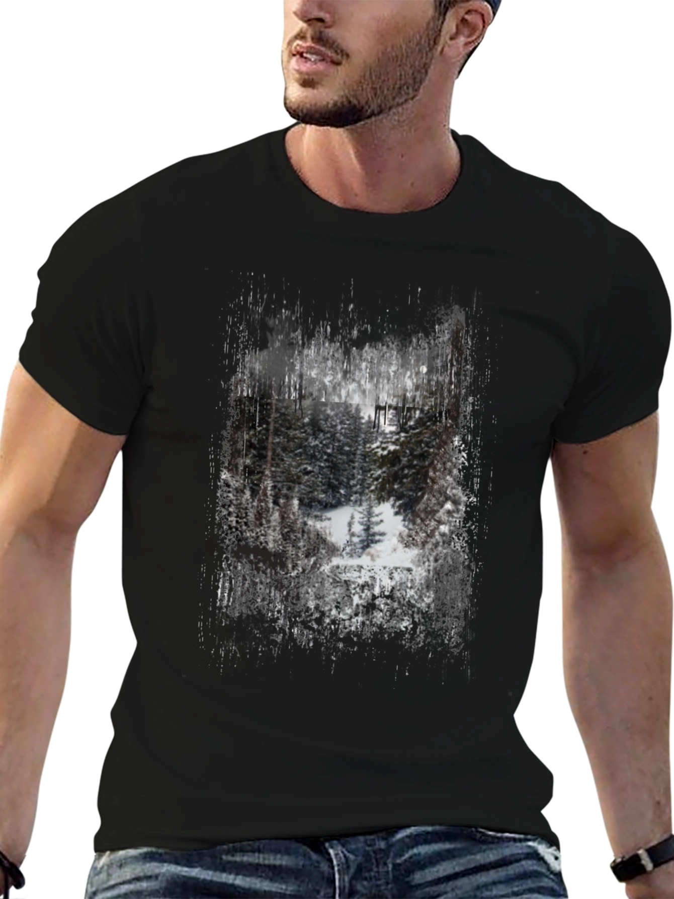 Winter Forest Graphic Print Black T-Shirt
