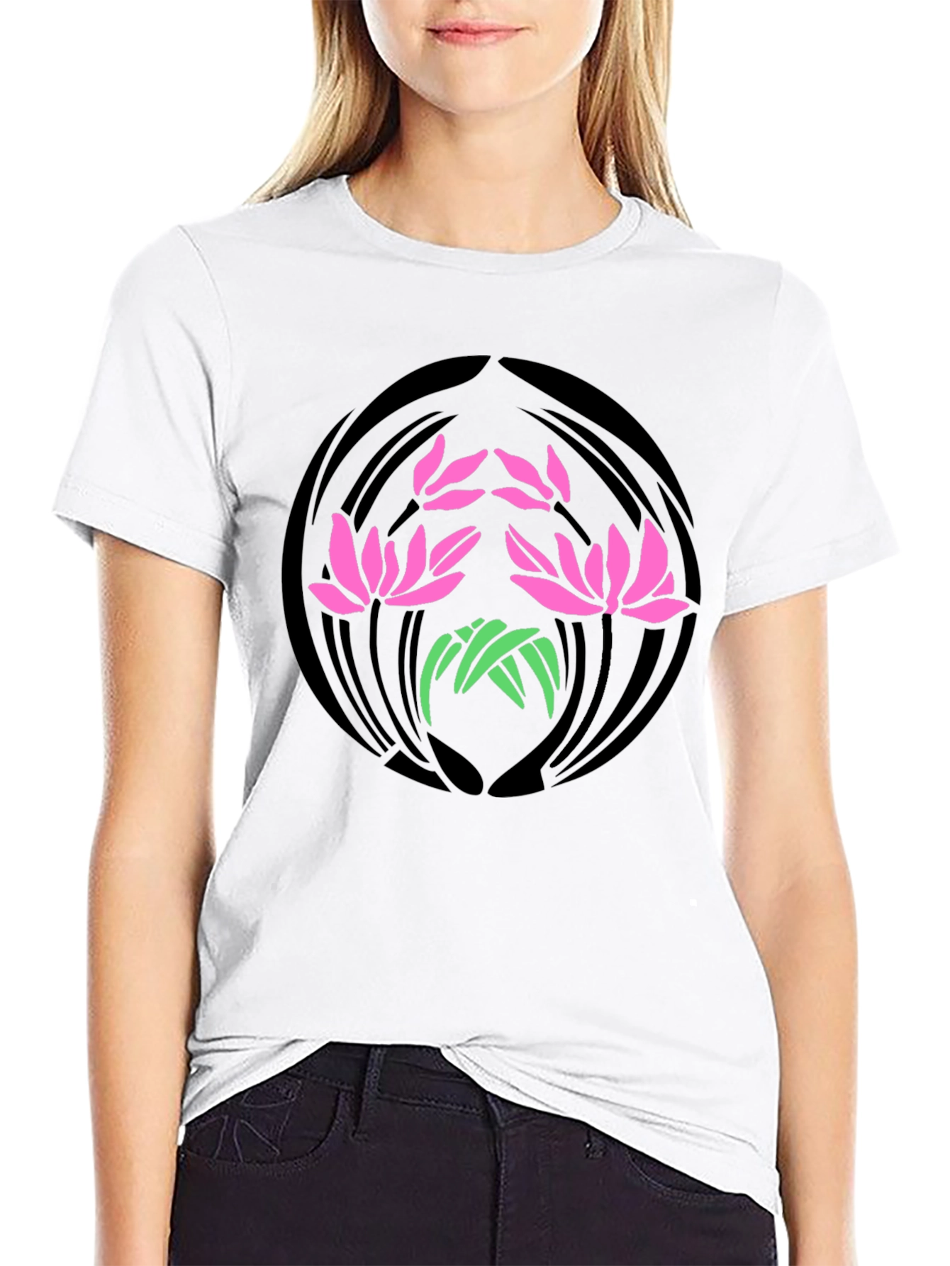 Floral Lotus Graphic Print Black T-Shirt