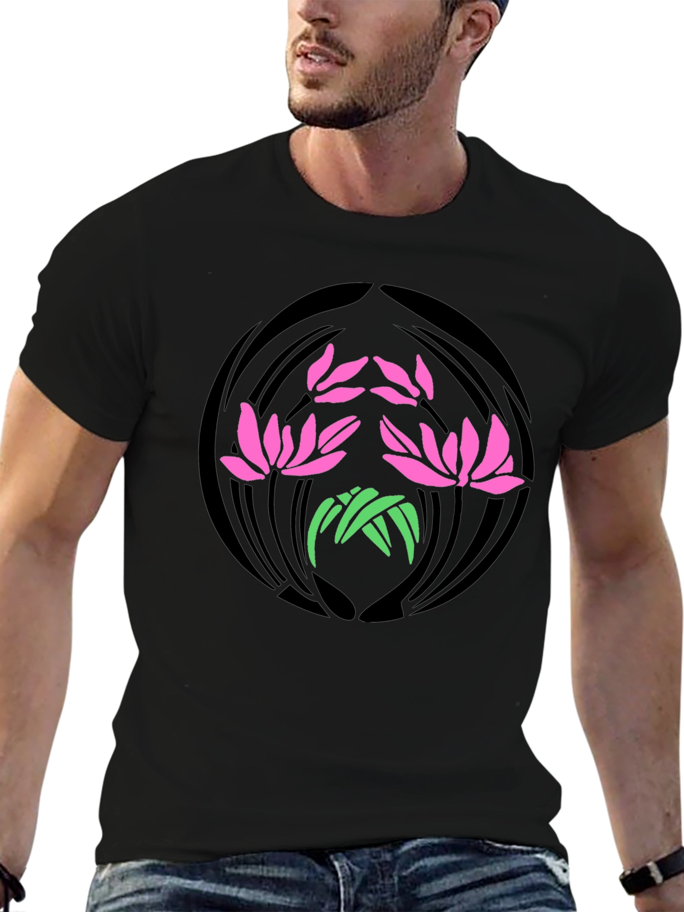 Floral Lotus Graphic Print Black T-Shirt
