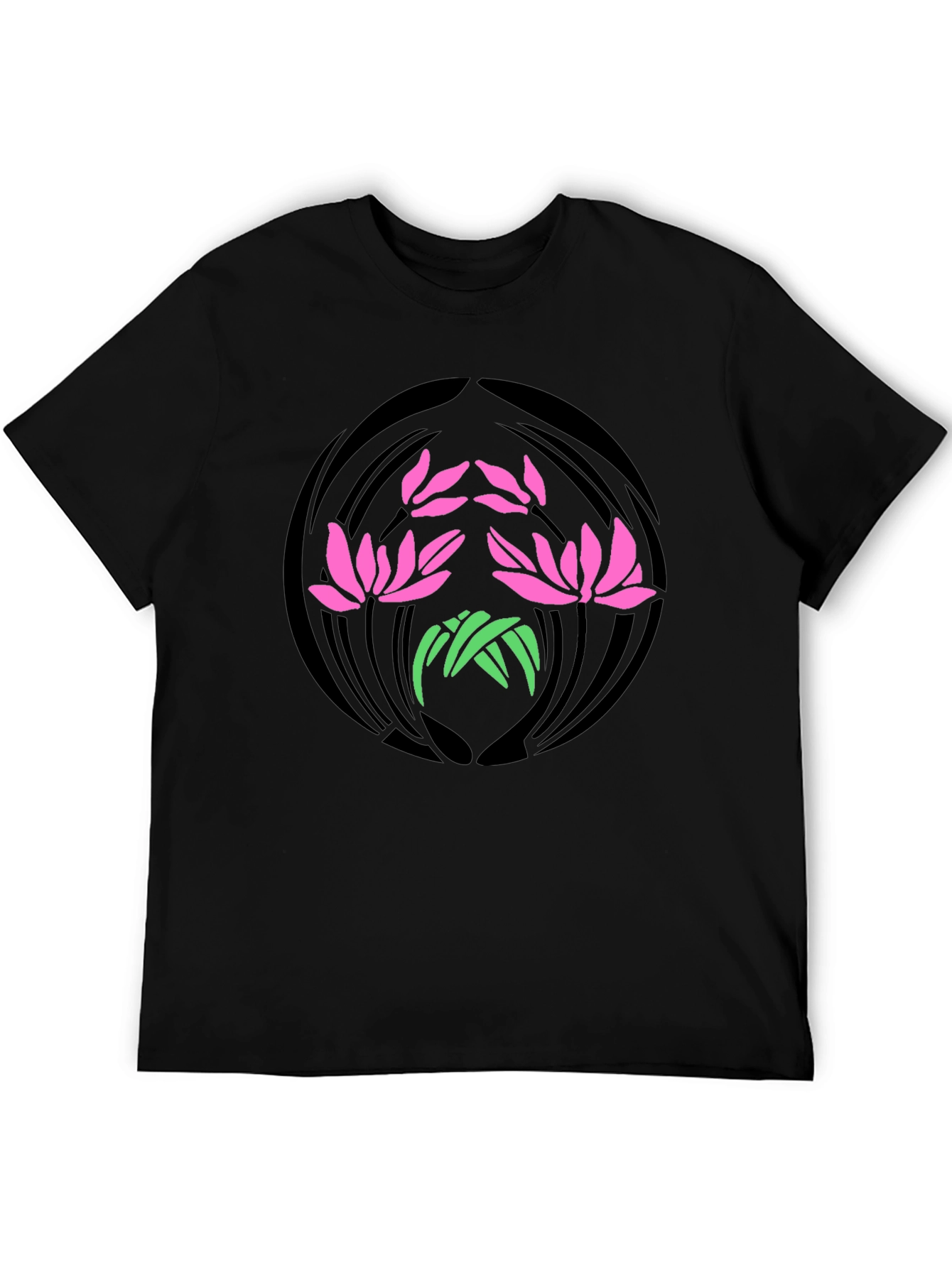 Floral Lotus Graphic Print Black T-Shirt