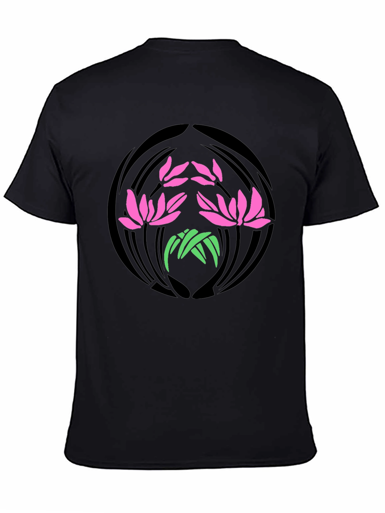 Floral Lotus Graphic Print Black T-Shirt