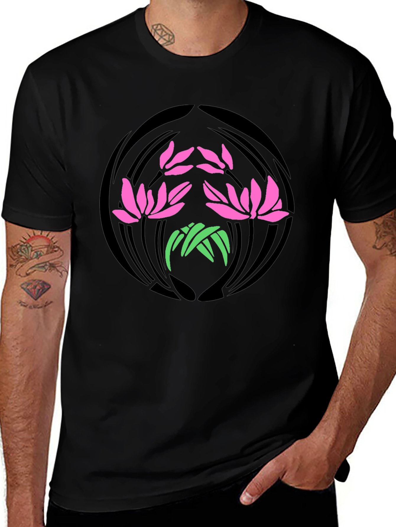 Floral Lotus Graphic Print Black T-Shirt