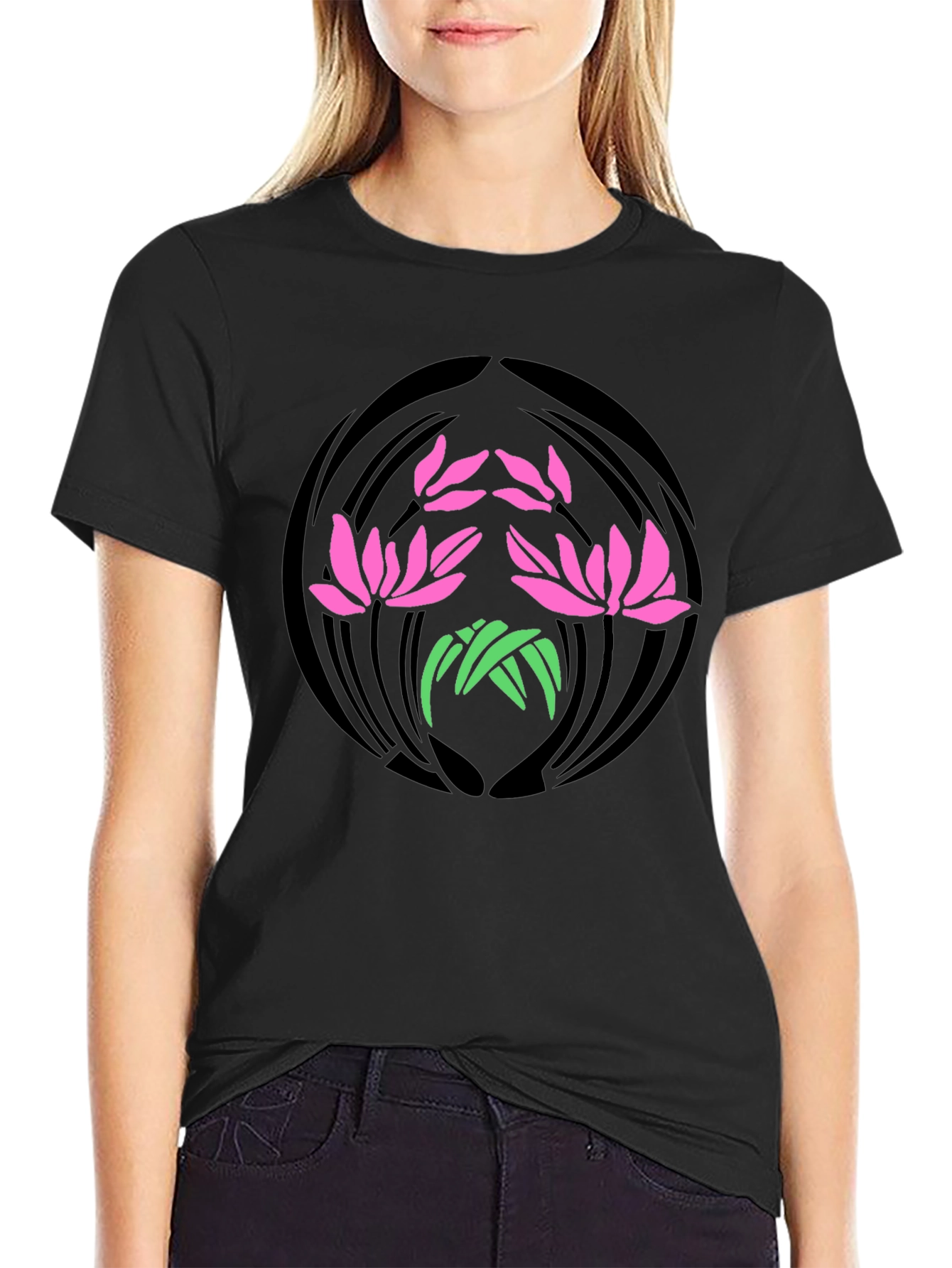 Floral Lotus Graphic Print Black T-Shirt
