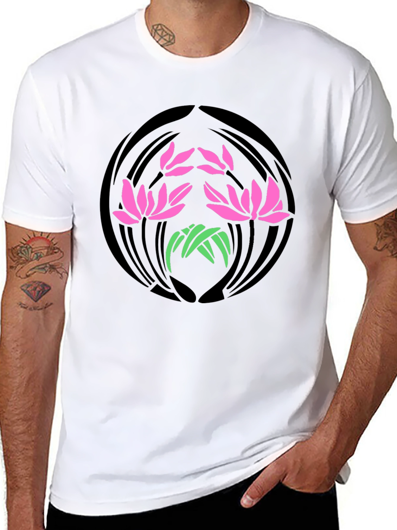 Floral Lotus Graphic Print Black T-Shirt