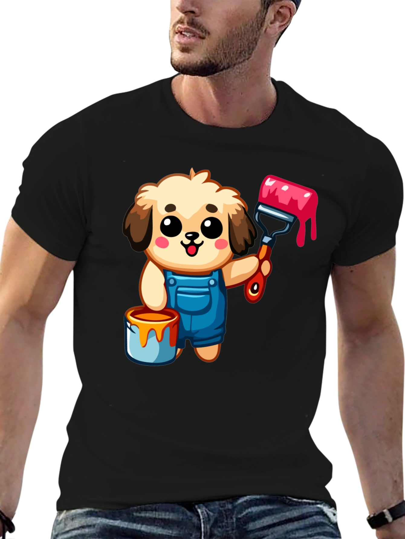 Cartoon Dog Painter T-Shirt - Black