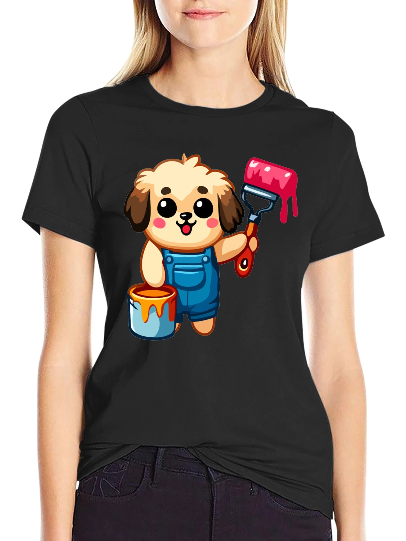 Cartoon Dog Painter T-Shirt - Black