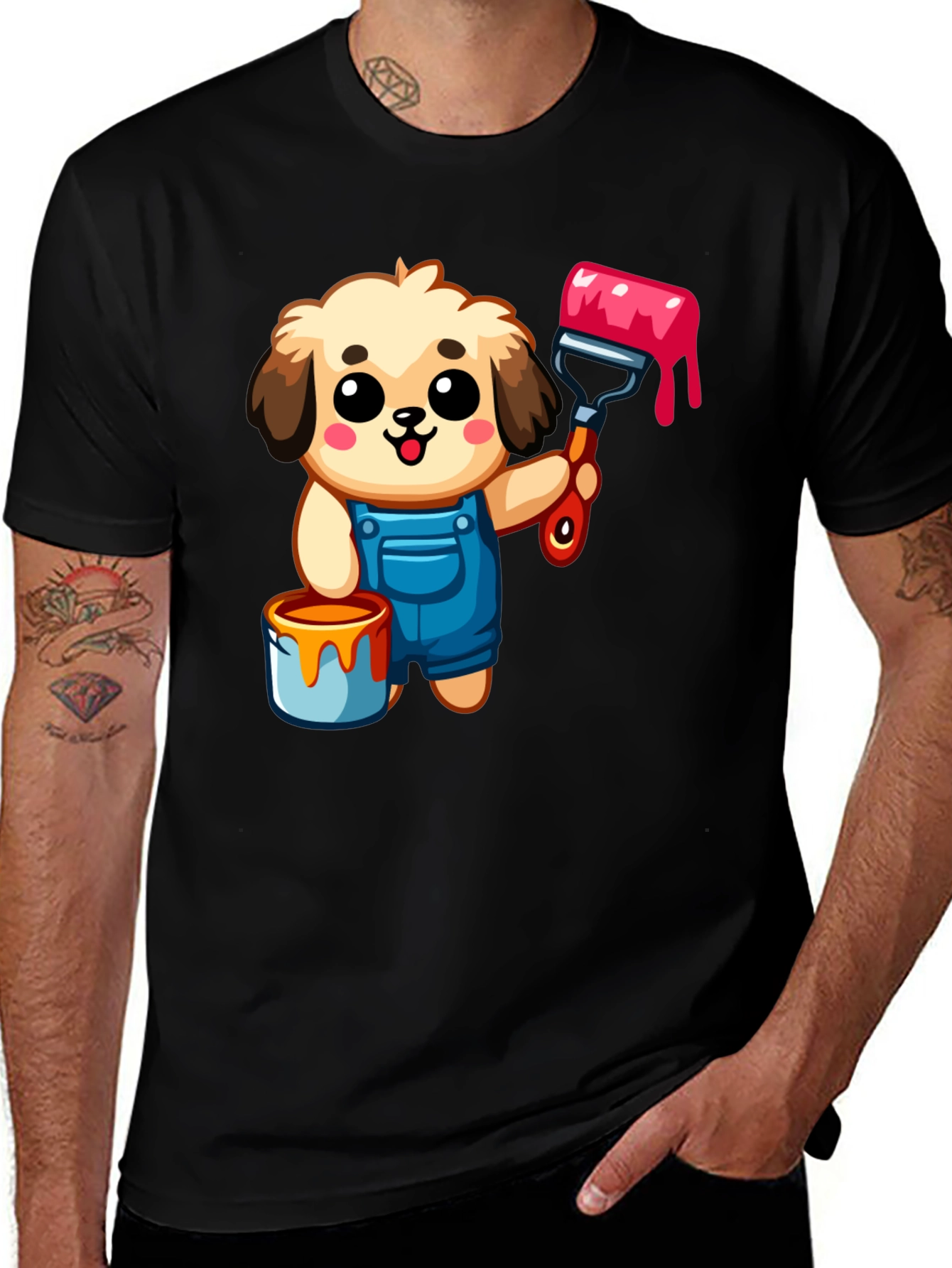 Cartoon Dog Painter T-Shirt - Black