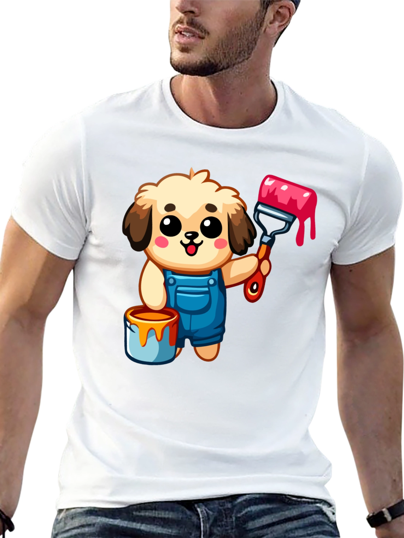 Cartoon Dog Painter T-Shirt - Black