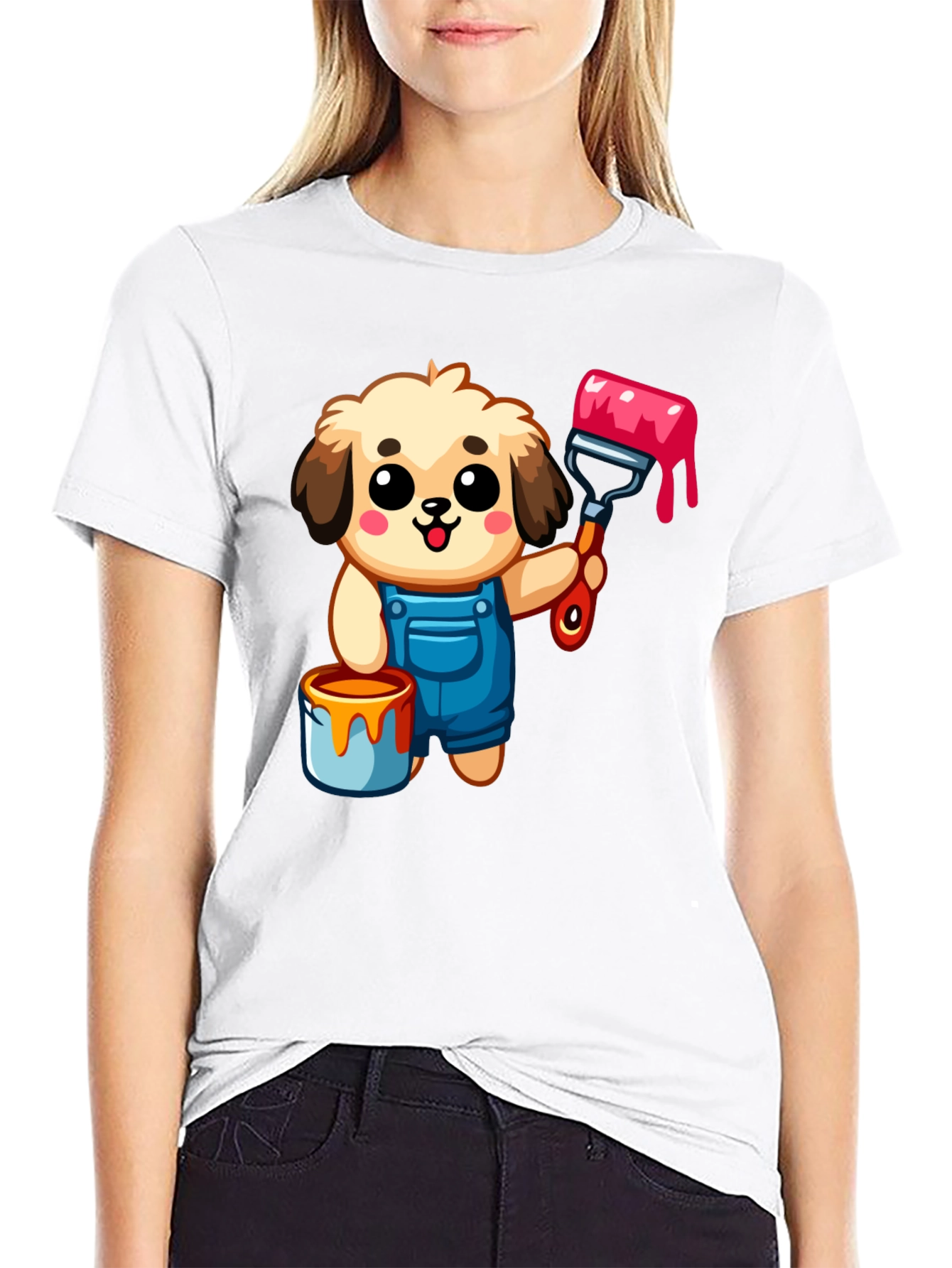 Cartoon Dog Painter T-Shirt - Black