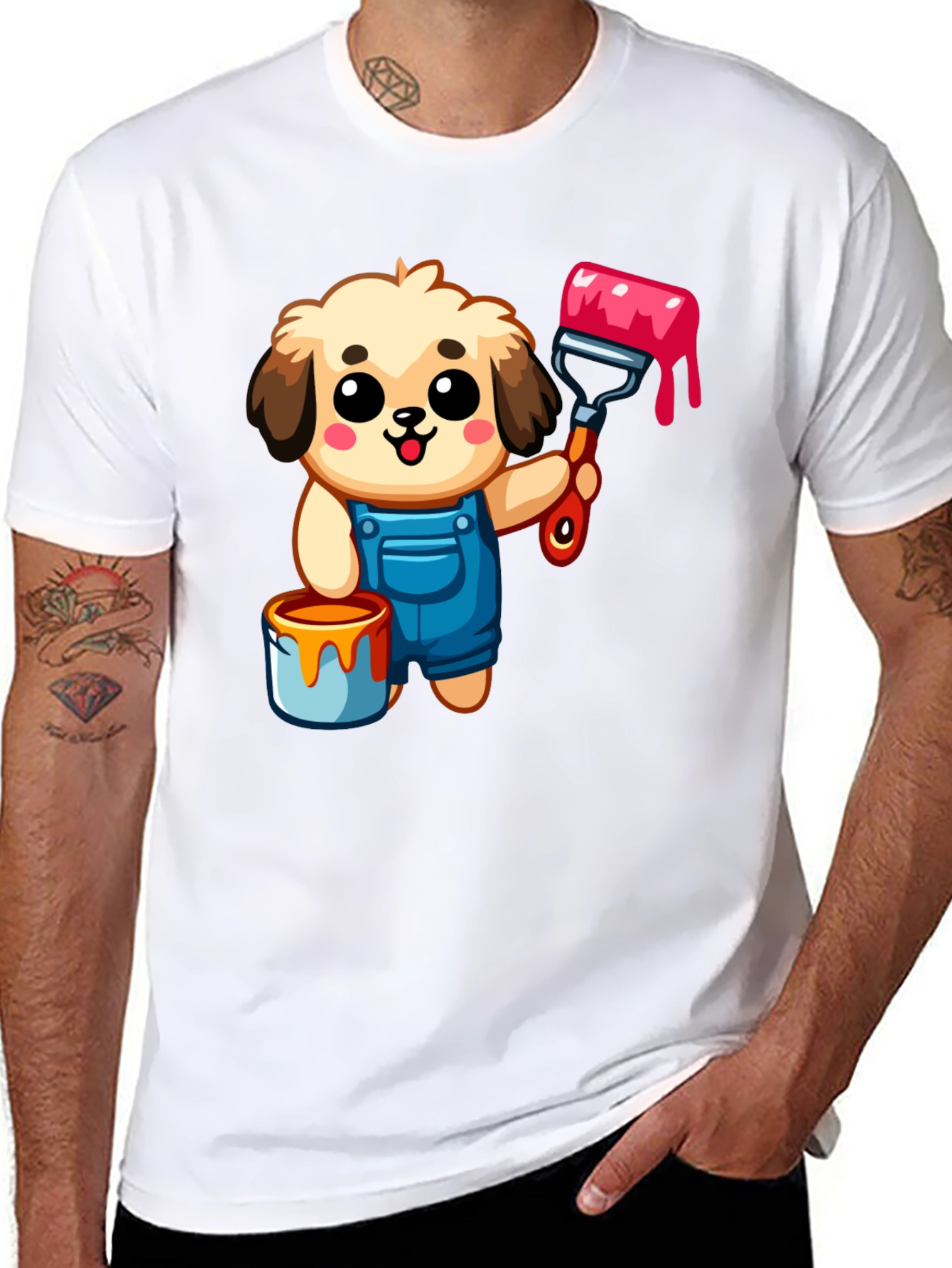 Cartoon Dog Painter T-Shirt - Black