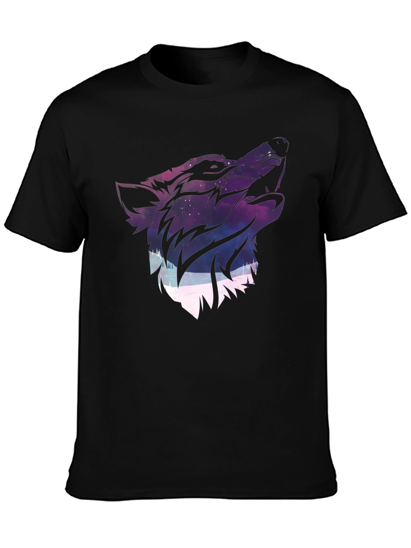 Wolf Galaxy Graphic Print T-Shirt - Black
