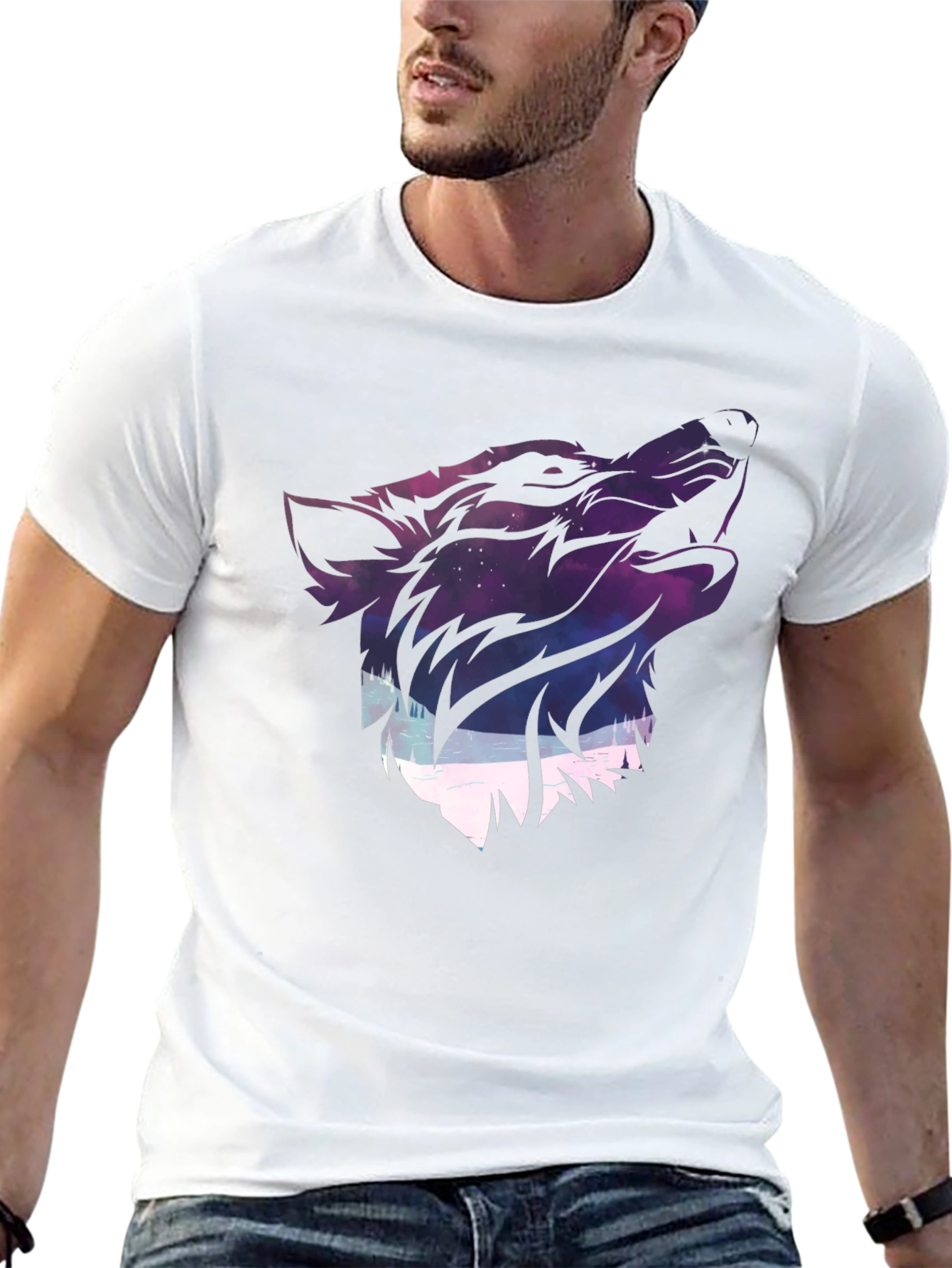 Wolf Galaxy Graphic Print T-Shirt - Black