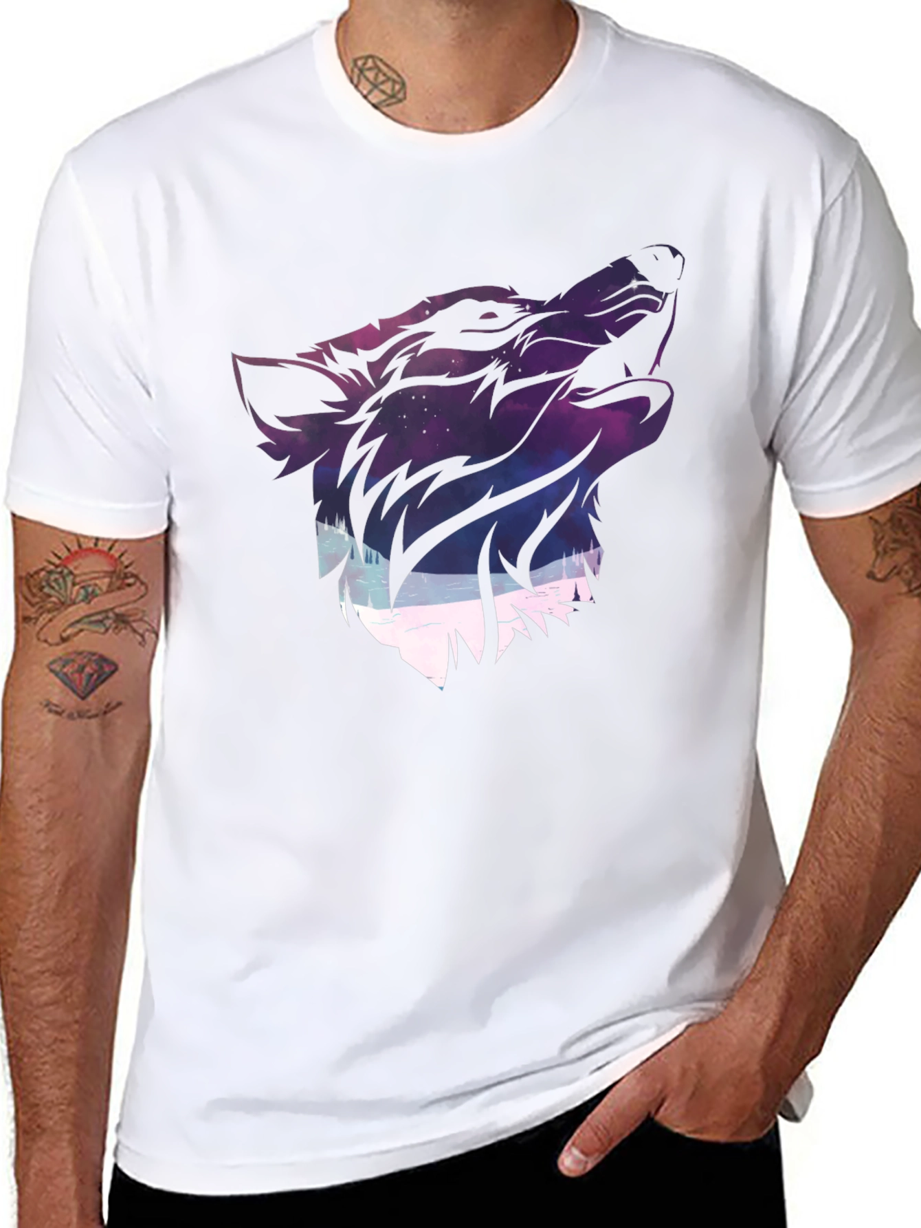 Wolf Galaxy Graphic Print T-Shirt - Black