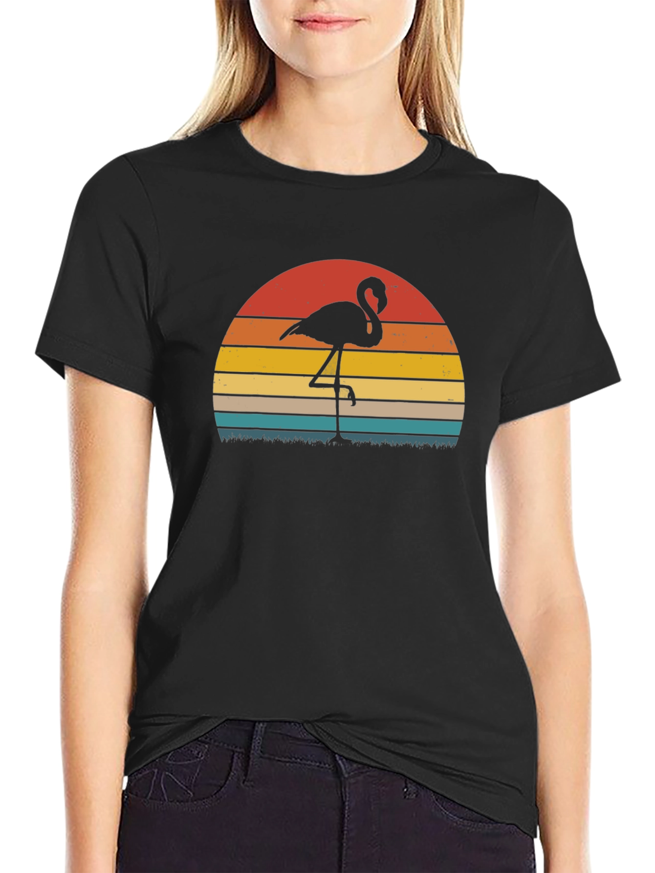 Retro Flamingo Sunset Graphic Tee - Black Cotton Blend