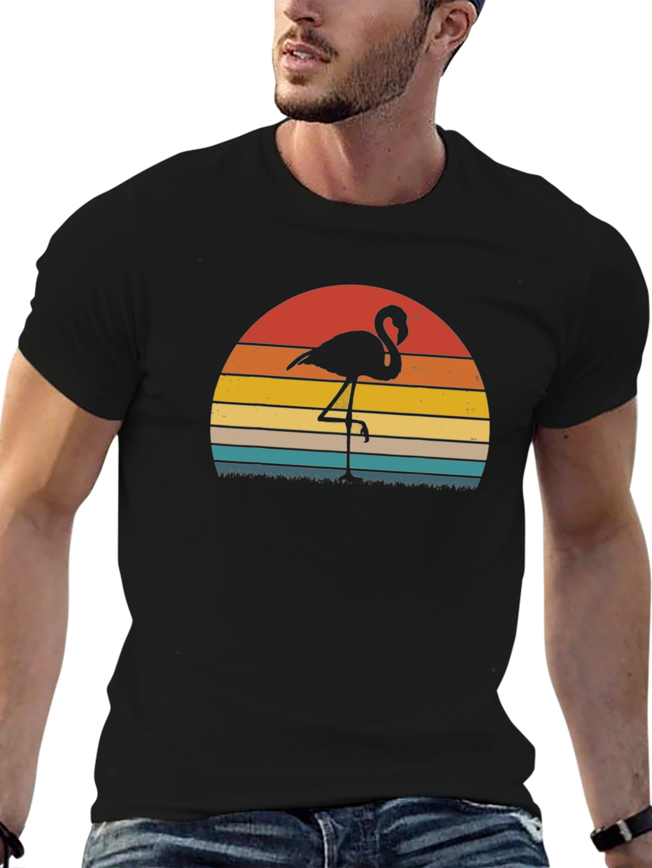 Retro Flamingo Sunset Graphic Tee - Black Cotton Blend
