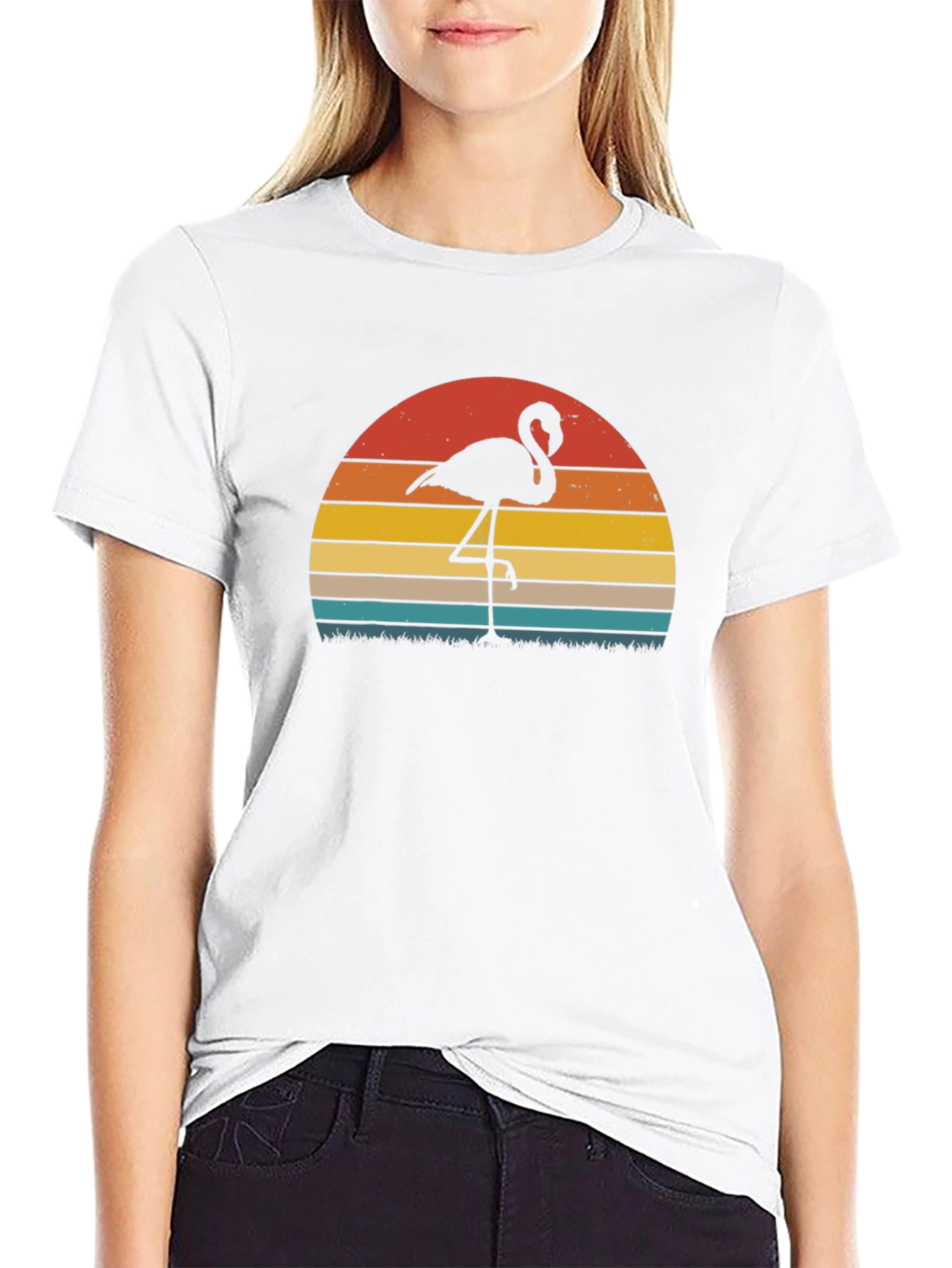 Retro Flamingo Sunset Graphic Tee - Black Cotton Blend